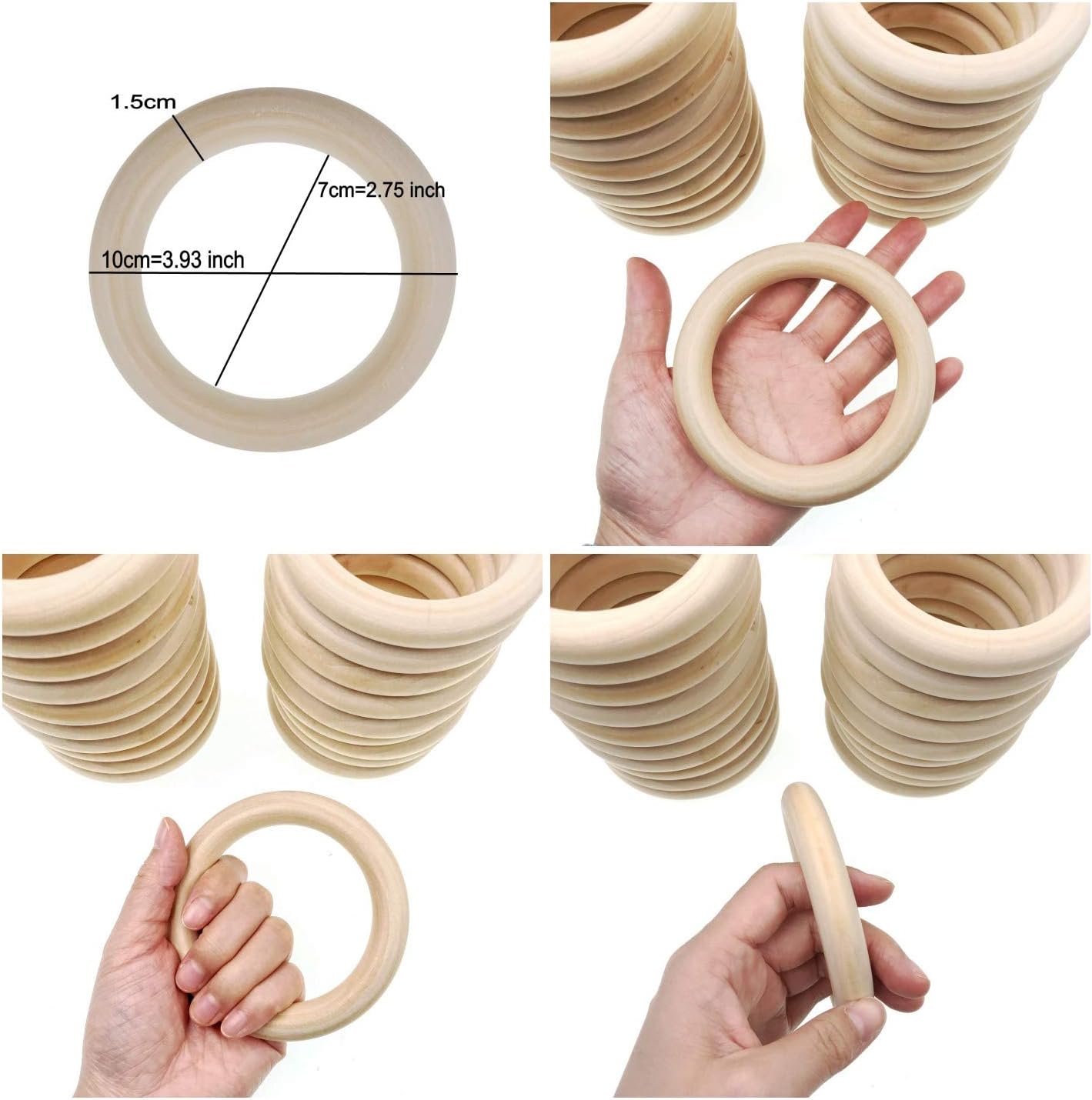 JZK 20 x Large Natural Wood Rings for Craft 10cm Unfinished Wooden Ring for Macrame Plant Pot Hanger Round Wooden Hoops for Crochet Crafts - Image 3