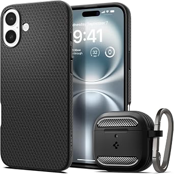 Spigen Liquid Air iPhone 16 Case and Rugged Armor AirPods 4 Case 2024 Bundle - Matte Black