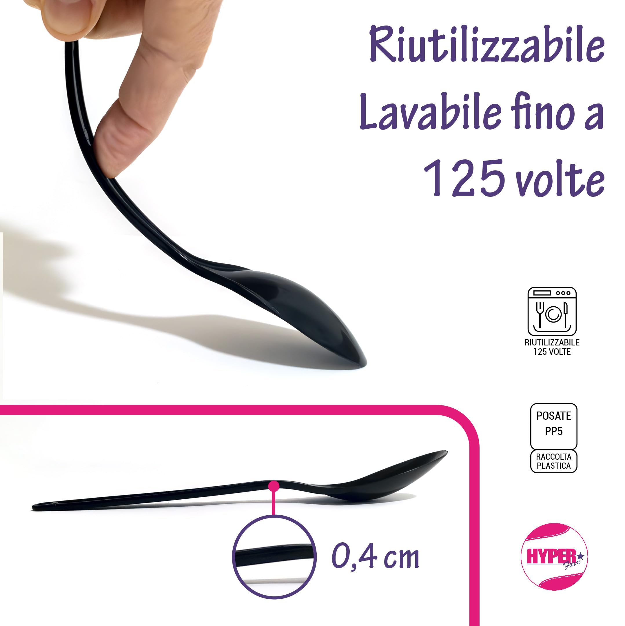 HYPER form Set Posate Riutilizzabili Nere (5gr), Tris "Forchetta Coltello Cucchiaio Tovagliolo" (100)