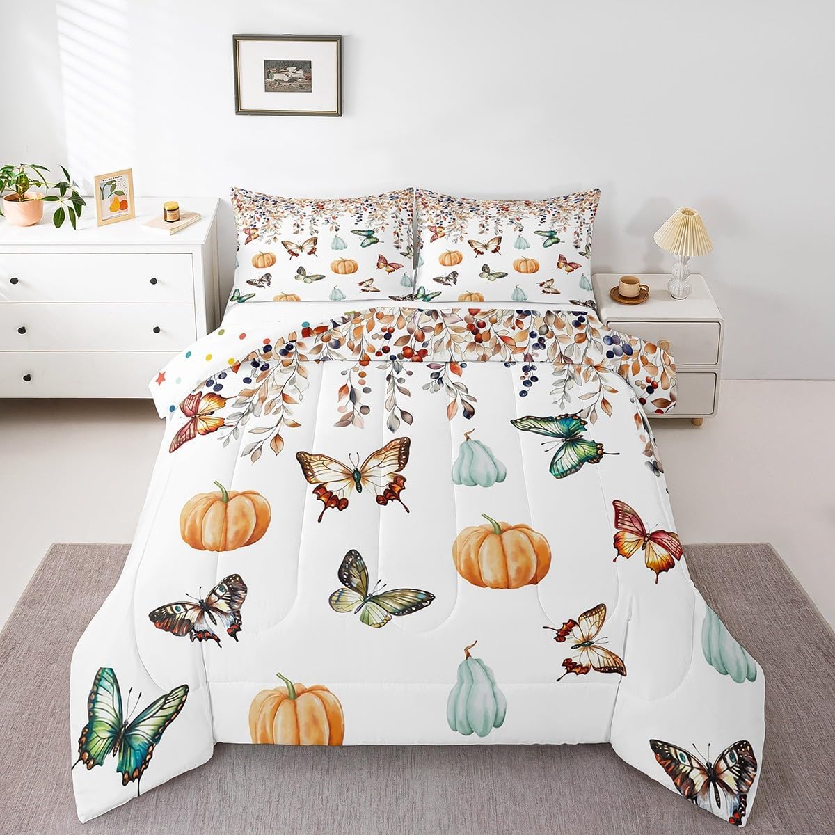 Erosebridal Rainbow Butterfly Comforter Set Toddler Size,Thanksgiving Pumpkin Bedding Comforter Sets,Retro Autumn Leaves Bedding,Fall Autumn Harvest Down Comforter