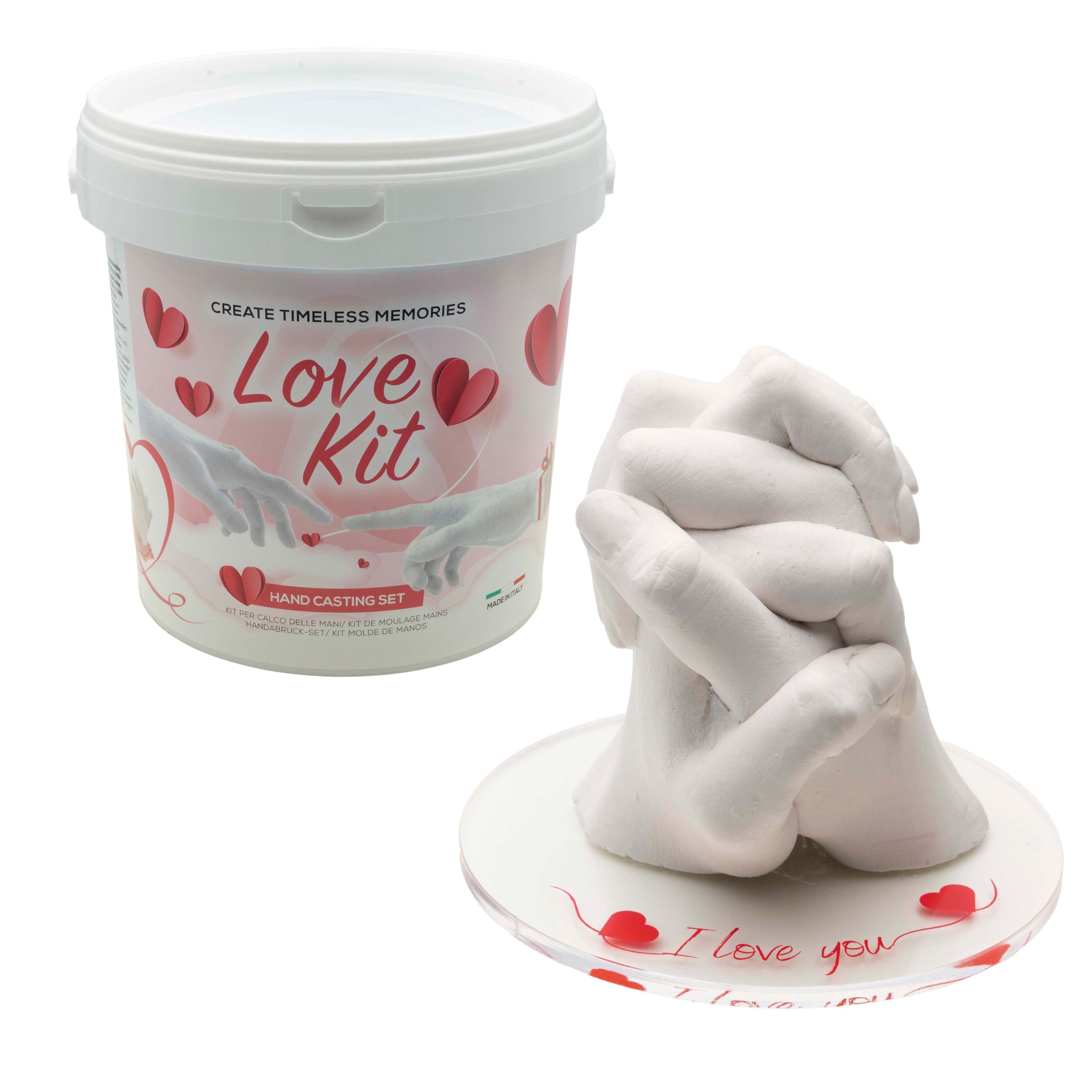 Algaplay LOVE KIT Calco Mani Coppia con Base I LOVE YOU | Alginato e gesso prodotti in Italia, piedistallo trasparente incluso, ricordo personale da esporre