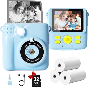 GKTZ Kids Camera Instant Print - 2.4" Eye-Care Digital Video Camera for Toddlers & Kids Ages 3-12, with 3 Rolls Paper & 32GB SD Card, 1080P, 18 Frames, Birthday Christmas Valentines Gifts for Girls