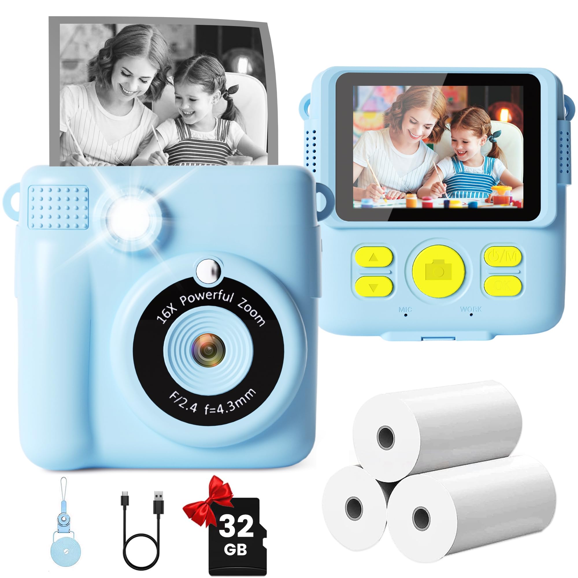 GKTZ Kids Camera Instant Print - 2.4" Eye-Care Digital Video Camera for Toddlers &amp; Kids Ages 3-12, with 3 Rolls Paper &amp; 32GB SD Card, 1080P, 18 Frames, Birthday Christmas Valentines Gifts for Girls