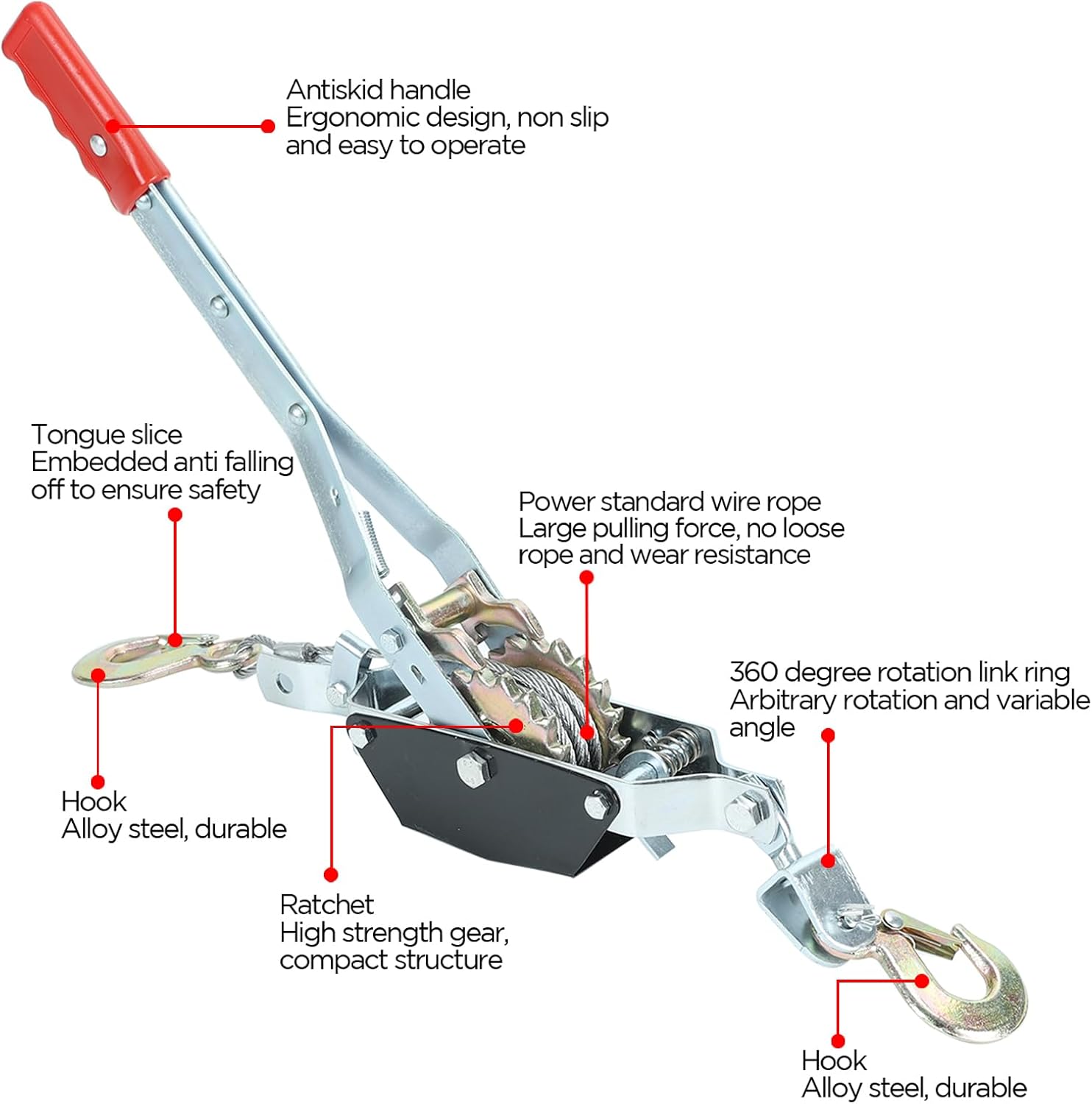 1 Ton Heavy Duty 2 Hook Steel Cable Dual Gear Power Ratchet Come Along Puller Tool,Automotive Hoist Cable Puller,Hoist Winch Cable Stretcher Lift