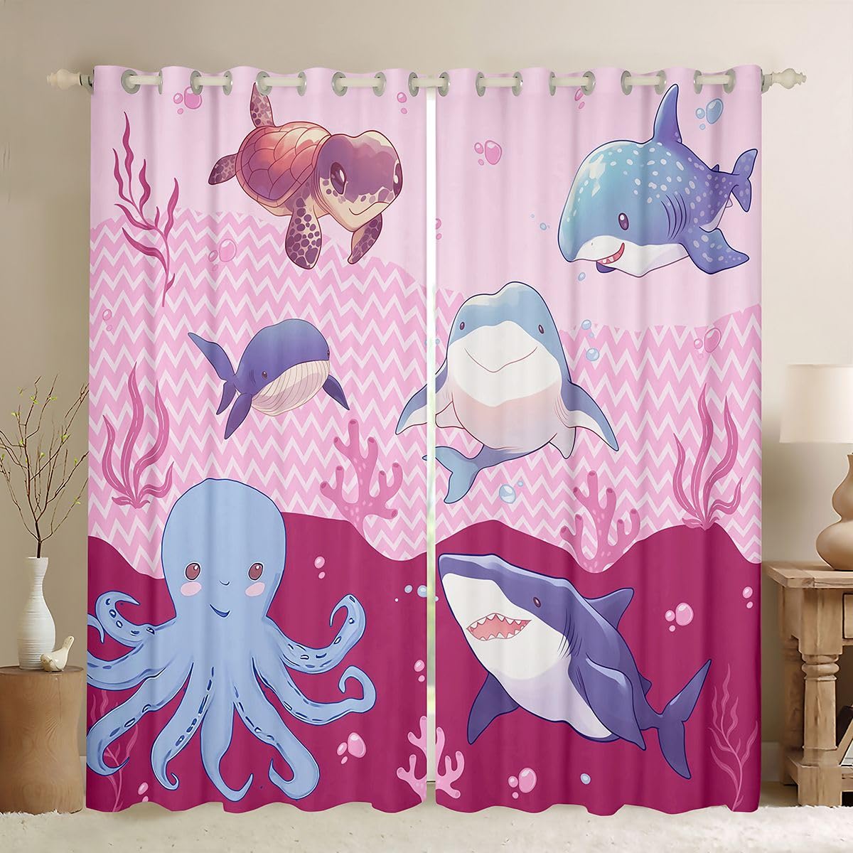 Homemissing Tende oscuranti con motivo di squalo, per camera da letto, soggiorno, oceano, animali marini, tartarughe marine, 2 pannelli, 132 cm di larghezza x 160 cm