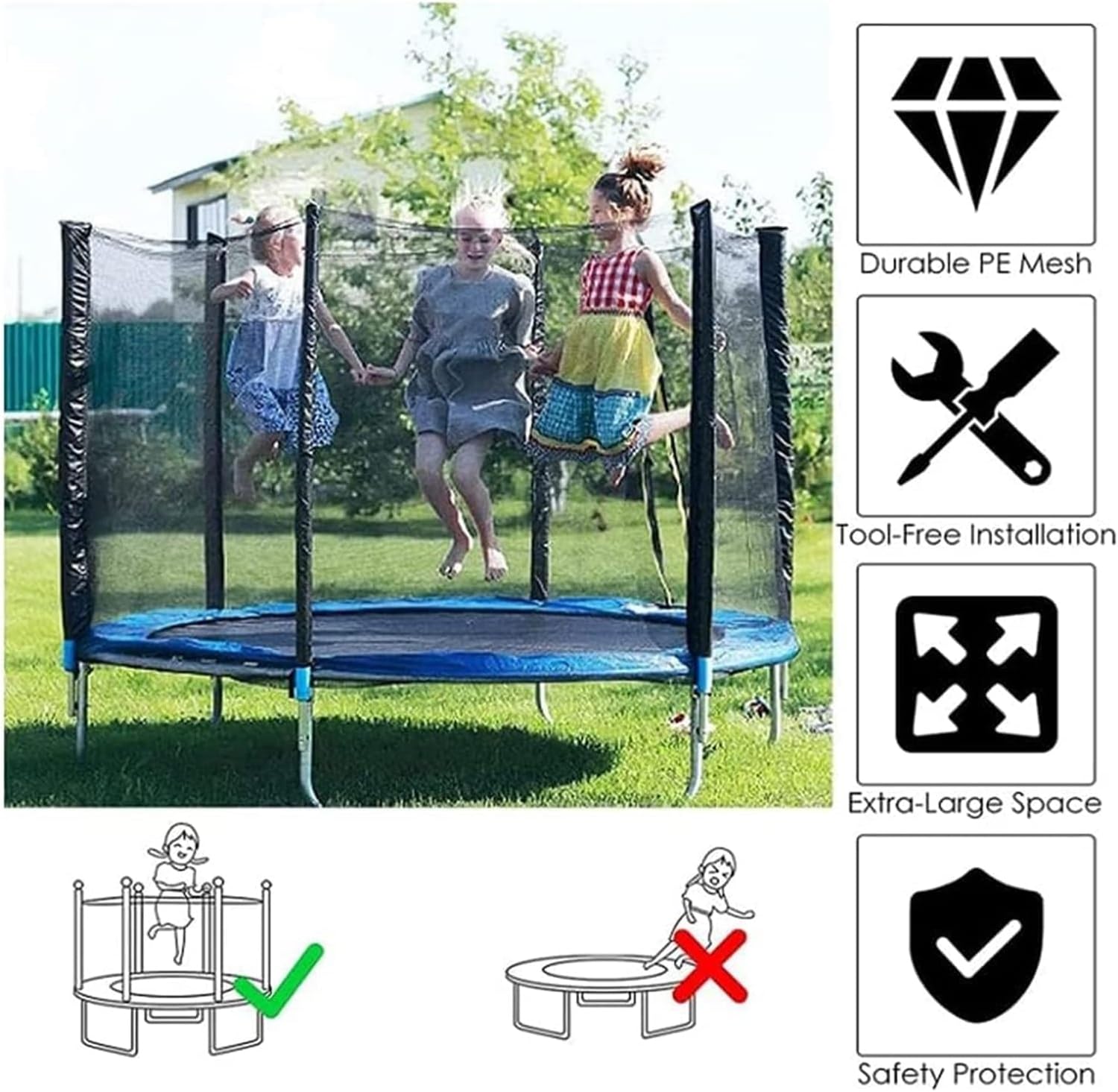 Trampoline Safety Net for 6ft 8ft 10ft 12ft 13ft 14ft 16ftRound Frame 6 8 12 Poles Trampolines, Breathable Weather Resistant Tear-Proof