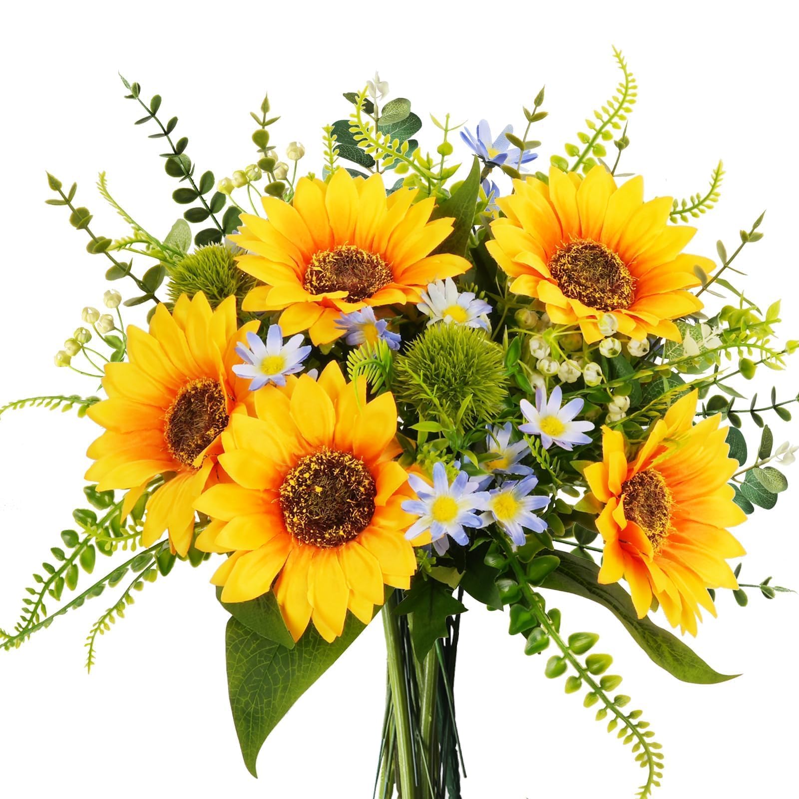 HUAESIN 15" Sunflowers Artificial Spring Flowers Bouquets Grave Flowers for Cemetery Faux Silk Flower Arrangements for Vase Home Kitchen Table