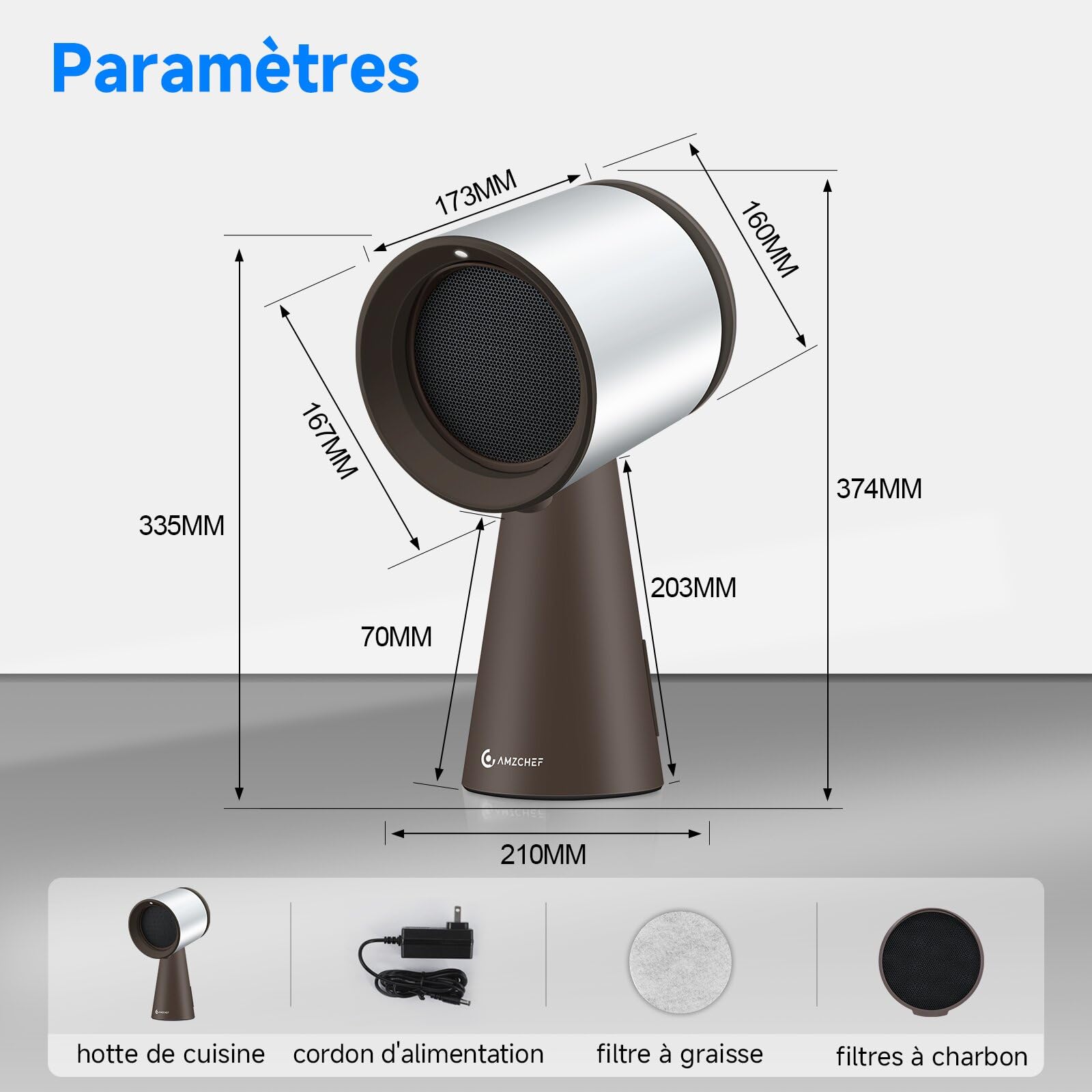 AMZCHEF Hotte Aspirante Portable, Sans installation Hotte Portable avec Ventilateur à 3 Vitesses, Faible Bruit, Aspiration de 120m³/h, Ventilateur de Cuisine Pour Barbecue Intérieur, Hot Pot, Marron