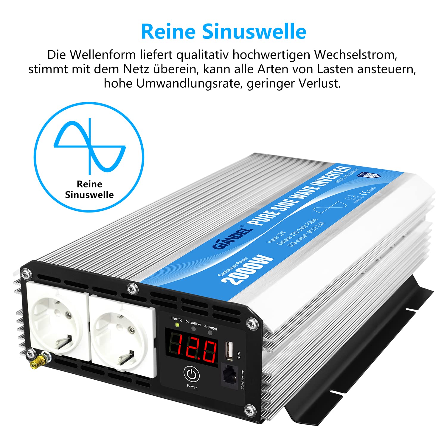 GIANDEL 2000W Wechselrichter 12V auf 230V Reiner Sinus Spannungswandler | Kompatibel Lithium-Batterie, Für Wohnmobil, LKW, Zuhause, Off-Grid Solarstrom Umwandler-Inverter mit LED-Anzeige
