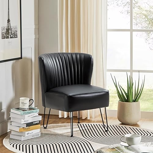 HULALA HOME Silla decorativa de piel sintética con base de metal, silla moderna de mediados de siglo, cómoda silla lateral tapizada sin brazos para HULALA HOME Silla decorativa de piel sintética con base de metal, silla moderna de mediados de siglo, cómoda silla lateral tapizada sin brazos para