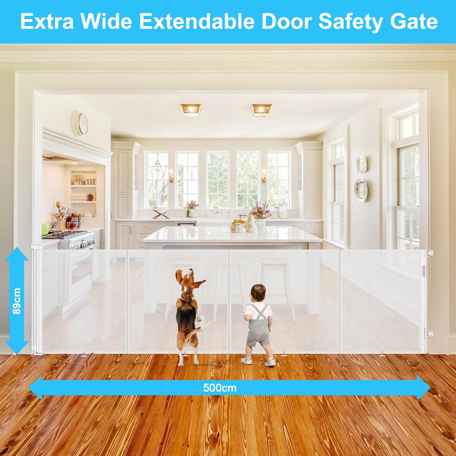 Barrera protectora para escaleras, extensible, 500 cm, 86 cm de alto, barrera para perros, manejable con una sola mano, rejilla de seguridad para perros, para escaleras, puertas, interiores y