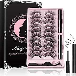 Magnetic Eyelashes Kit with Eyeliner and Tweezers, Reusable Magnetic Lashes Easy to Apply and Long Lasting, Lightweight and Waterproof, Soft and Natural Look False Eyelashes No Glue Needed (10 Pairs)