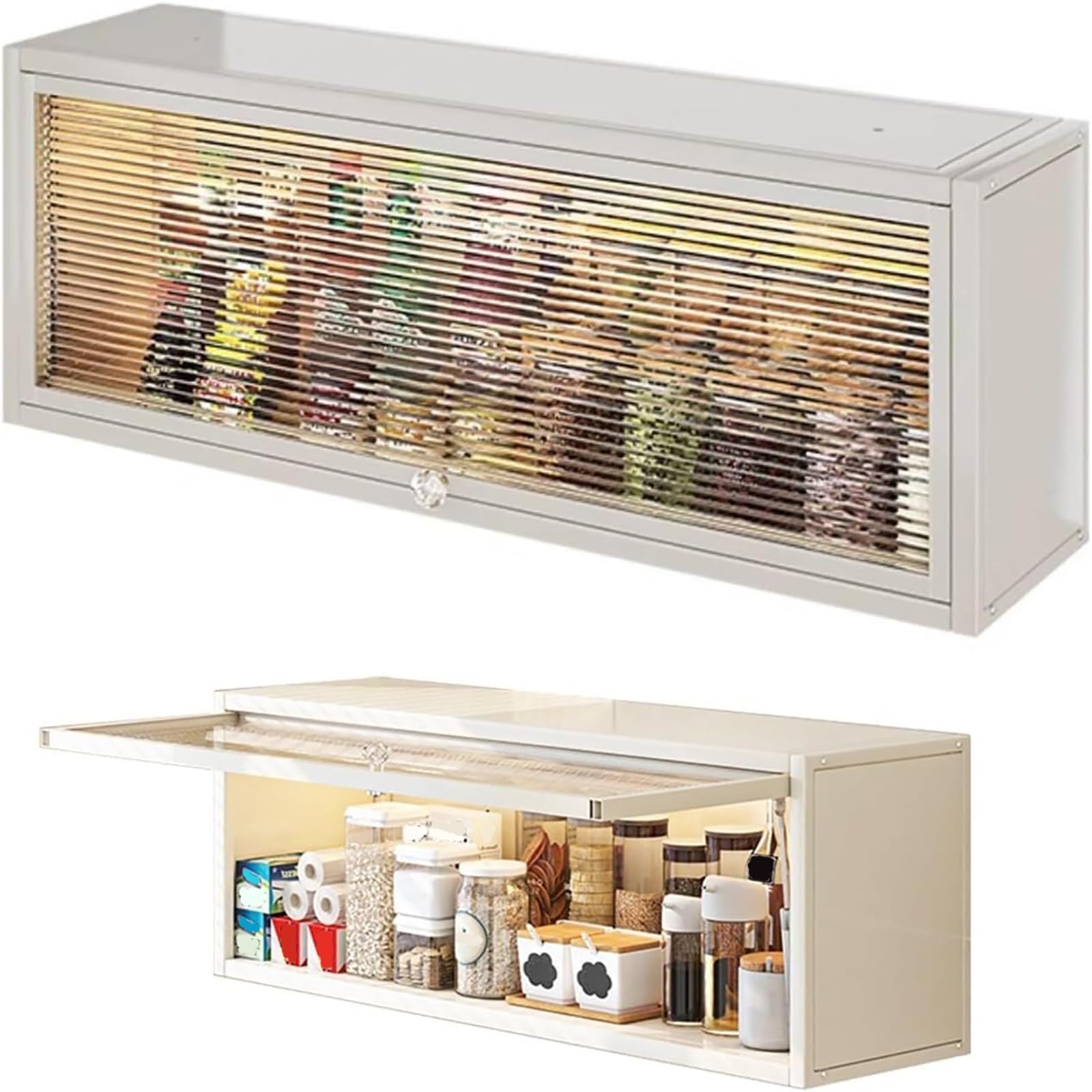 Küchengewürzregal, Wandmontierter Lagerschrank, Großraum-Küchengeschirr-Lagerschrank, staubdicht, stanzfrei, mit durchscheinender Klapptür, Küchenbesteckschrank White,80
