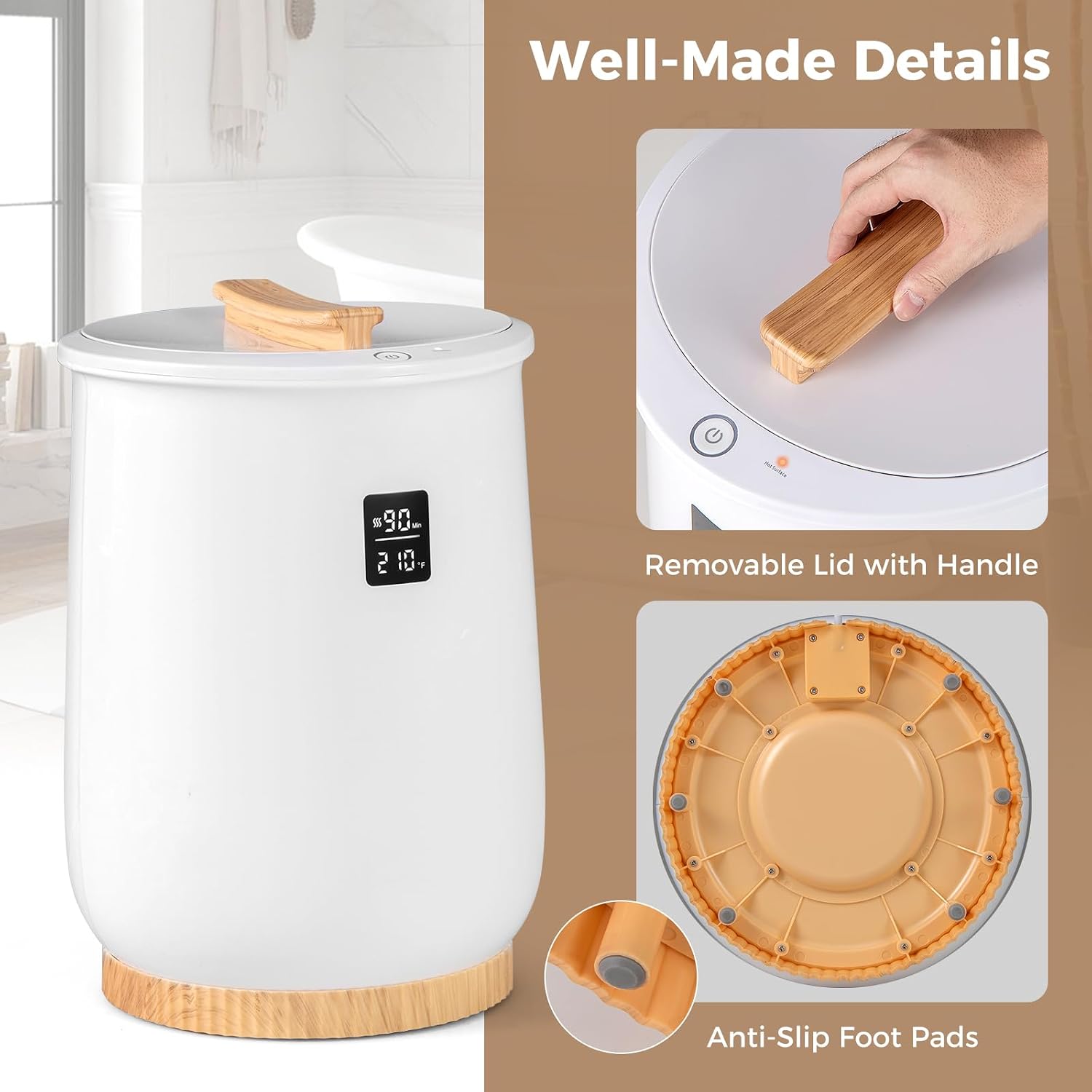Giantex Towel Warmer Bucket, 20L Large Hot Towel Heater with Wood Handle, Adjustable Timer & Auto Shut Off, Fits Up to Two 40" x 70" Oversized Towels, Blankets, Towel Warmer for Bathroom Spa