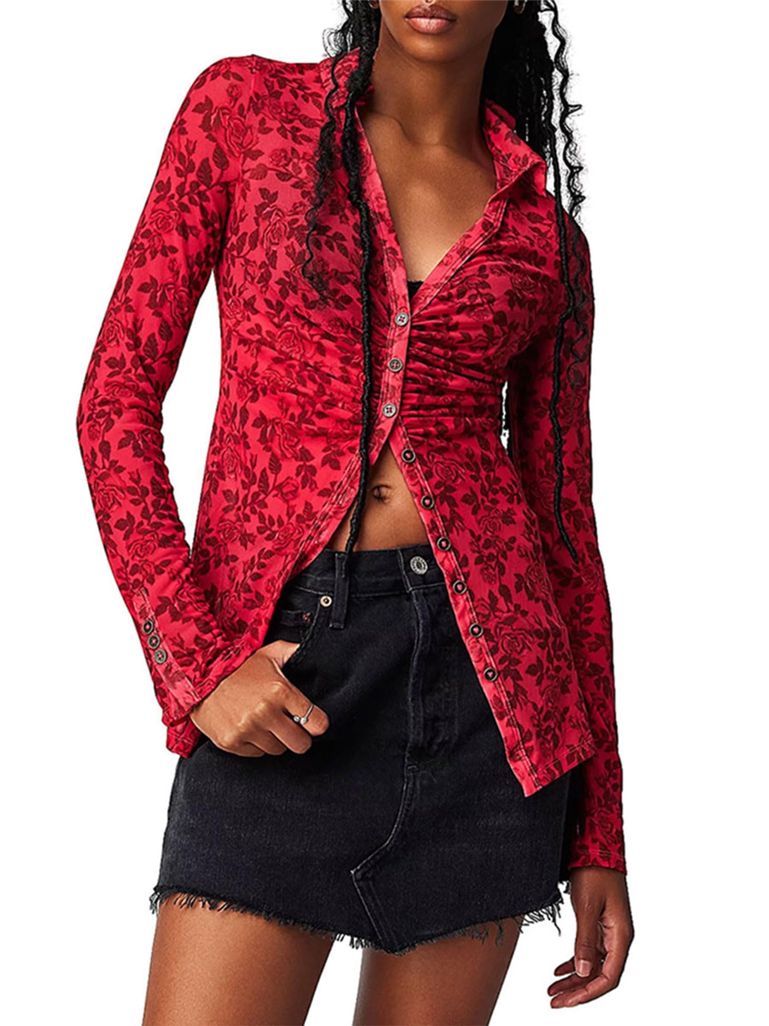 Blusa de manga larga con botones para mujer, estilo bohemio, con estampado floral, cuello fruncido, estilo vintage, estilo urbano