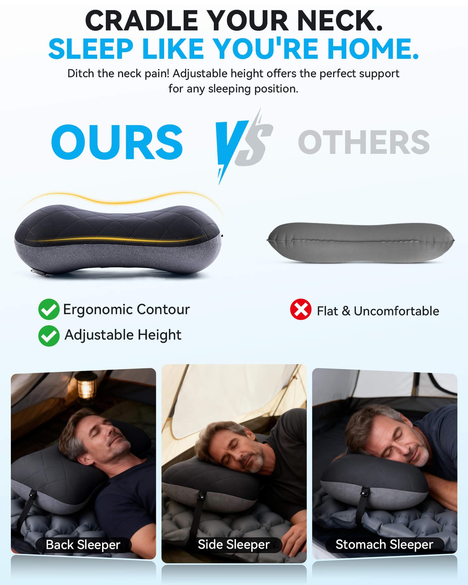 HIKENTURE Hikenture Camping Pillow with Removable Cover - Ultralight Inflatable Pillow for Neck Lumber Support - Upgrade Backpacking Pillow - Washable Travel Air Pillows for Camping, Hiking, Backpacking (Black) in use