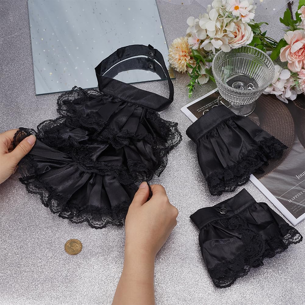 CRAFTYMELODY Victorian Lace Jabot Cuffs Set Black Colonial Lace Jabot Cuffs Collars Victorian Steampunk Chiffon Neck Ruff Collar Floral Ruffled Costume Accessories for Halloween Cosplay Party - Image 3