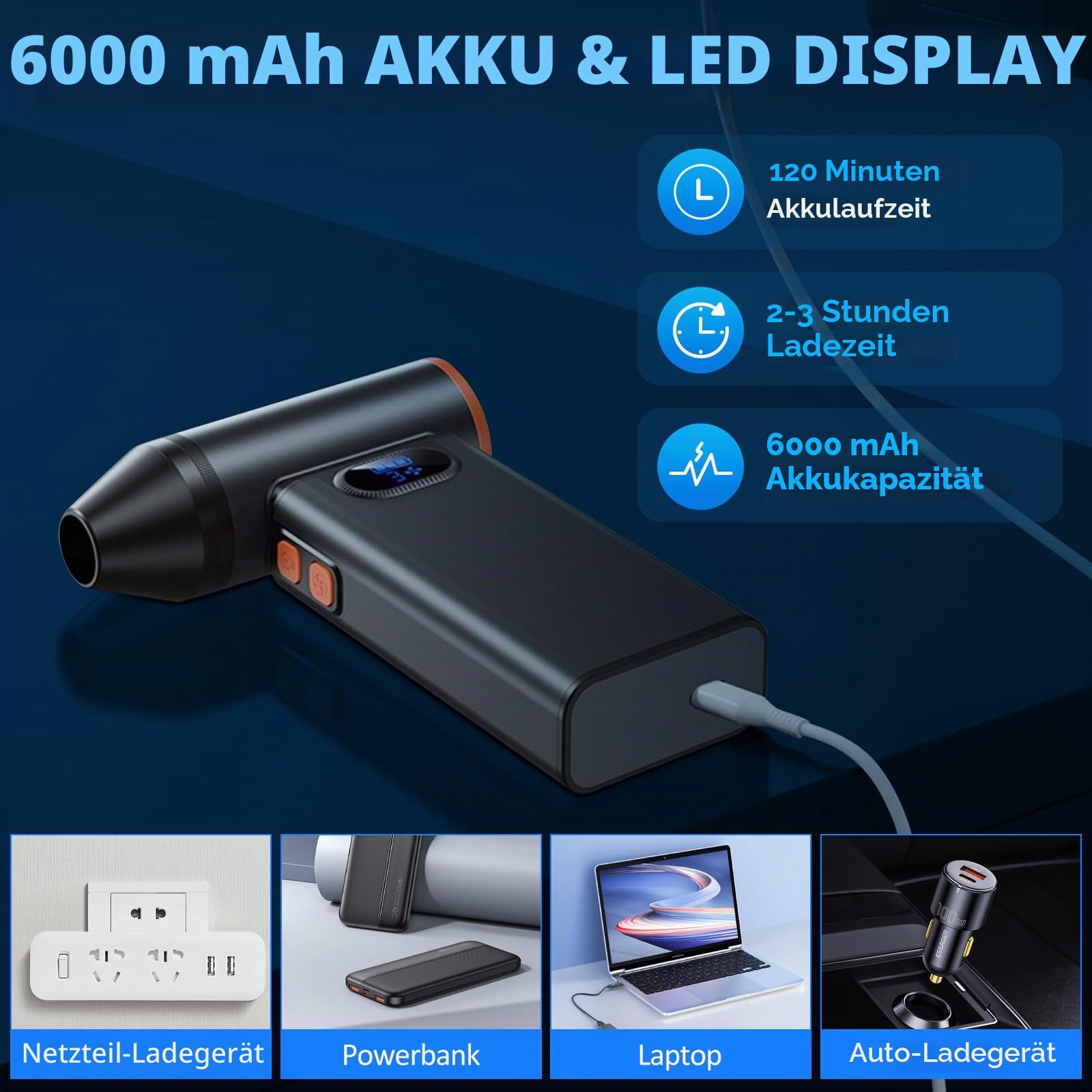Anluomania Elektrische Staubgebläse Druckluftspray 4-Gang, 130000RPM Druckluft Compressed Air Duster, Electric Air Duster mit 6000mah Akku, Taschenlampe, Reinigungsbürste für PC, Outdoor, Sofa, Auto