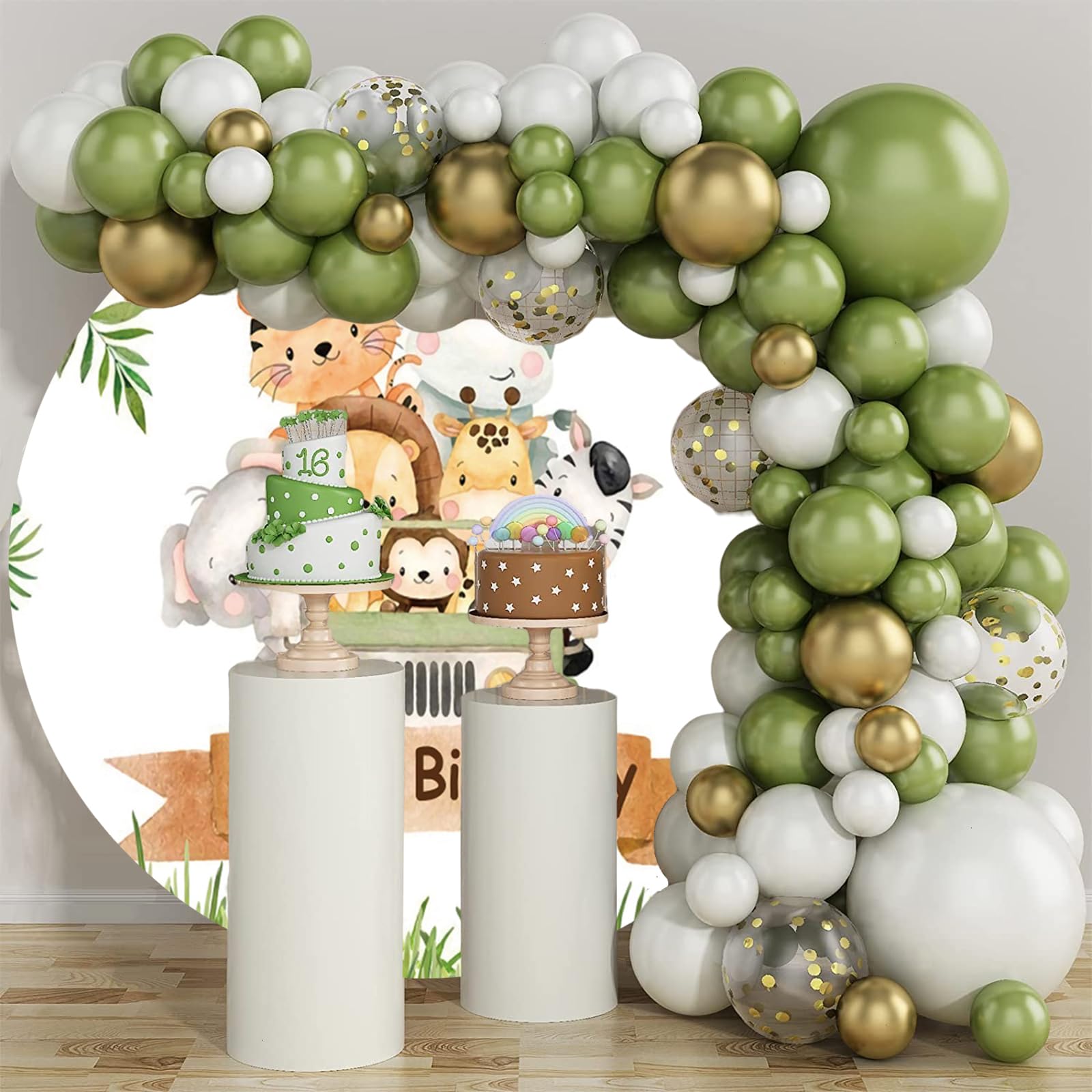 2m Sfondo Rotondo per Compleanno con Animali Della Giungla Giungla Animali Piante Tropicali Fotografia Bambino Doccia Sfondo Copertura Bambini 1 ° Compleanno Decorazione Banner Studio Prop
