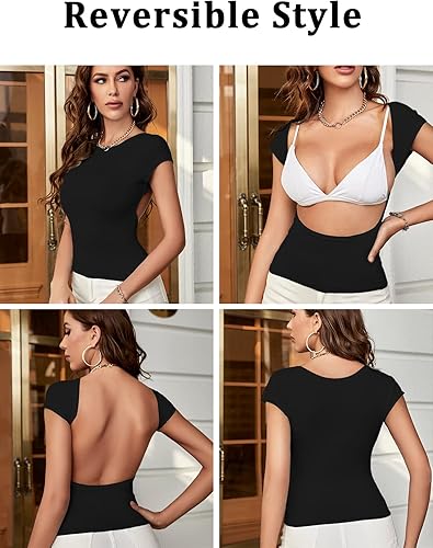 Miniatura 4 de ForeFair - Camiseta corta sexy de manga corta, sin espalda, con cuello redondo, ajustada, informal, para verano, estilo Y2K