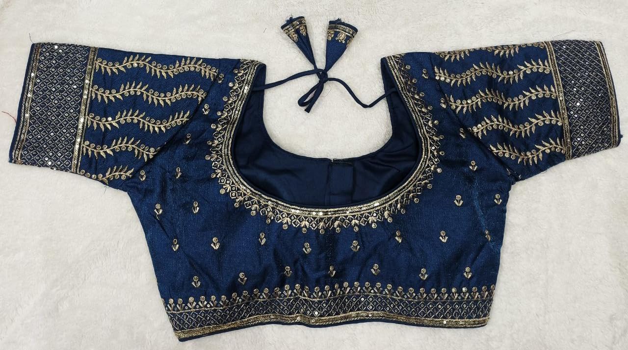 Pujia Mills Women's Indian Ethnic Wear Designer Golden Zari Embroidery With Sequence Diamond Work Round Neck Half Sleeve Readymade Aari Work Saree Blouse Bridal Readymade Blouse Morpeach Lehenga Choli