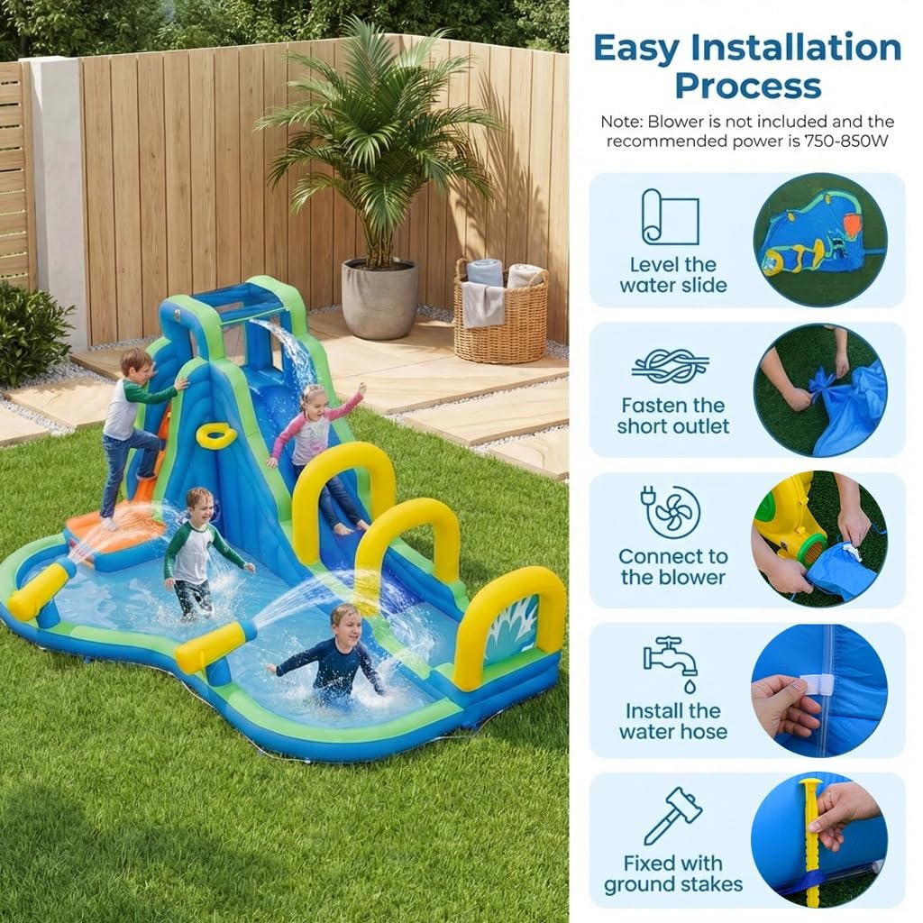 GIANTEX Castillo Hinchable Acuatico, con Tobogán Seco/Acuático, Roca de Escalada, Canasta de Baloncesto, Piscina y 2 Cañones de Agua, Castillo Hinchable Grande para Exterior, 465 x 345 x 242 cm