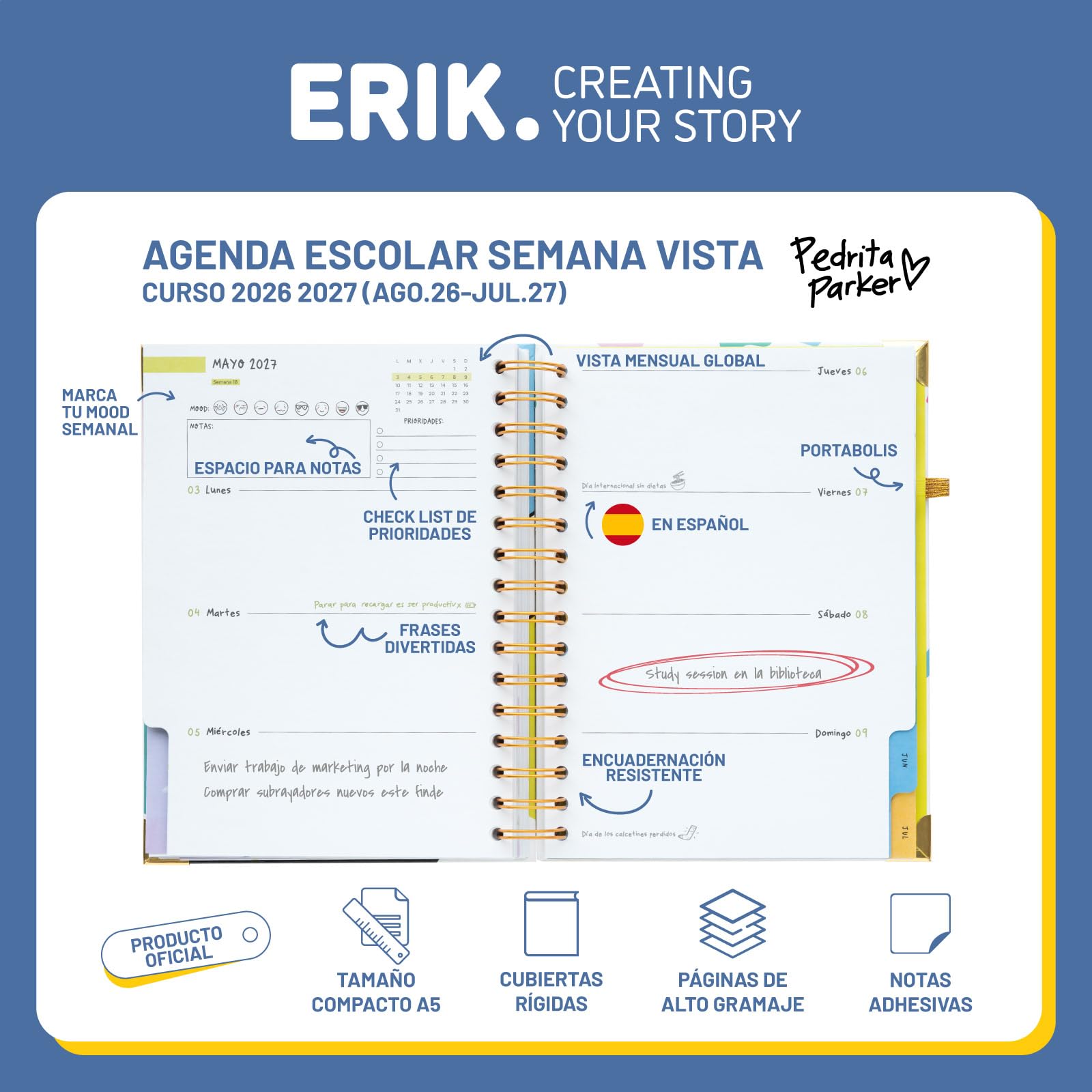 Grupo Erik Agenda escolar 2026 2027 Semana Vista Pedrita Parker en Español - Agenda Semana Vista A5 para niñas de Universidad e Instituto [Curso 26/27] Con Tapa dura, Pegatinas e Ilustraciones
