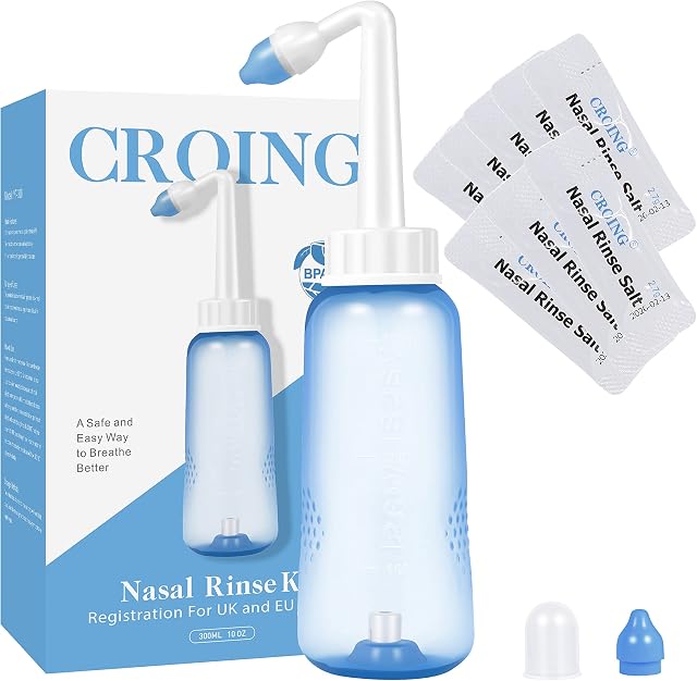CROING 80 x mieszanka do płukania zatok + 1 x butelka do płukania nosa (300 ml), zestaw saszetek do płukania nosa, sól Neti, nawadnianie nosa, butelka do nosa, ulga zatokowa, Neti-Pot