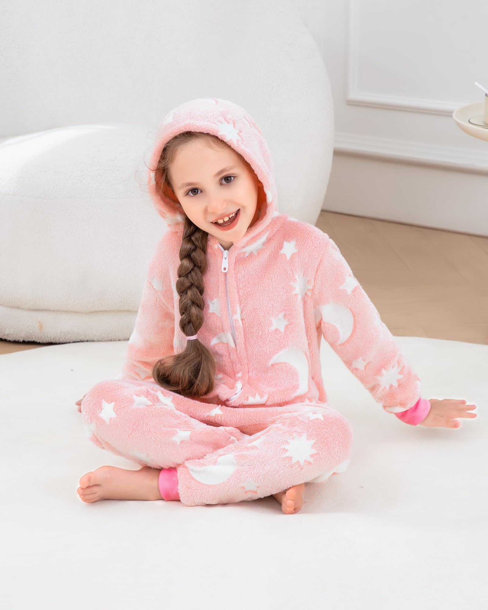 KAKU NANU Pyjama Une-Pièce Doux Et Chaud avec Capuche pour Fille 3-10 Ans-Fermeture Éclair,Poches 7 Couleurs Disponibles