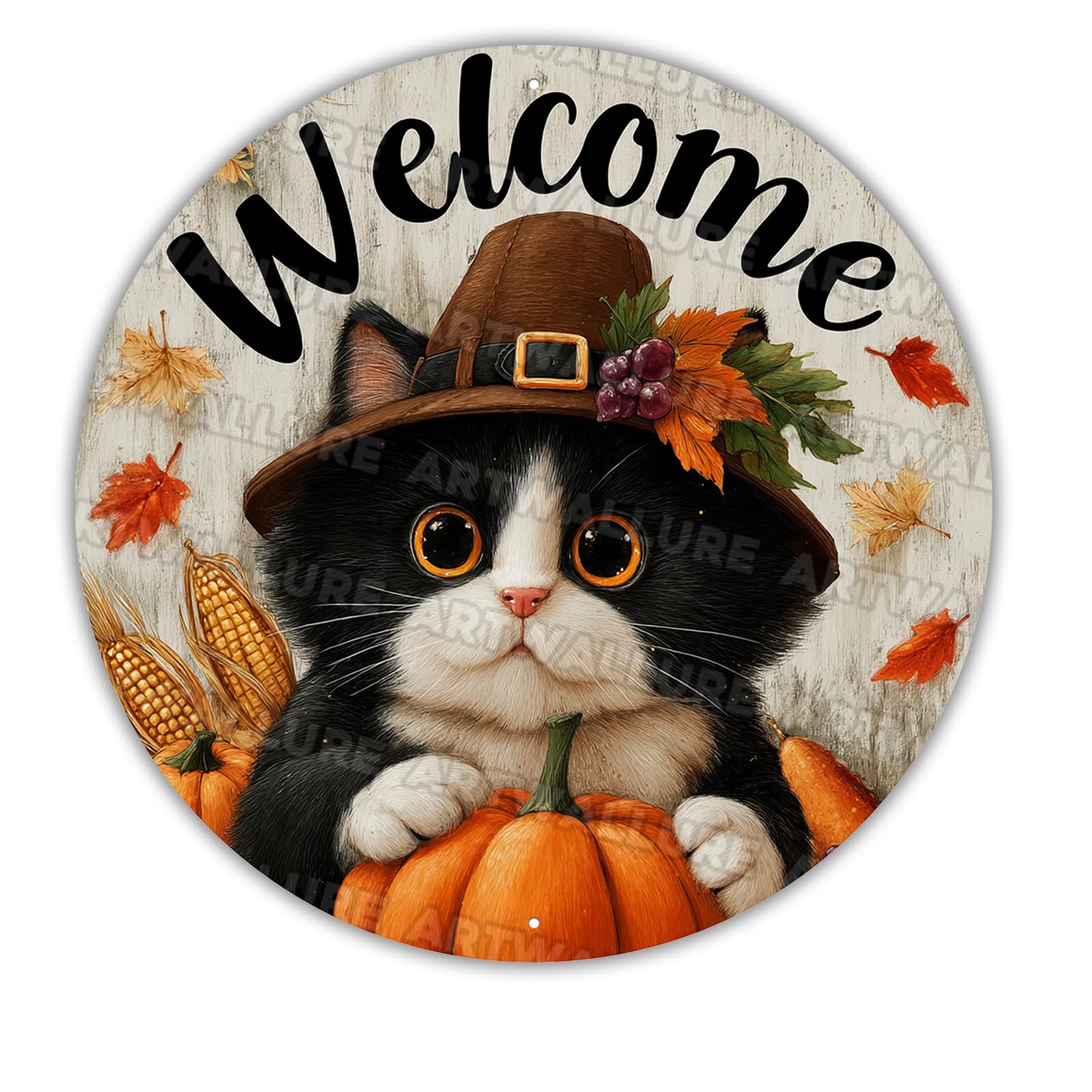 Fall Thanksgiving Tuxedo Cat Vintage Metal Tin Sign Autumn Harvest Pumpkin Maple Leaves Retro Wall Art Home Decor 12x12inch