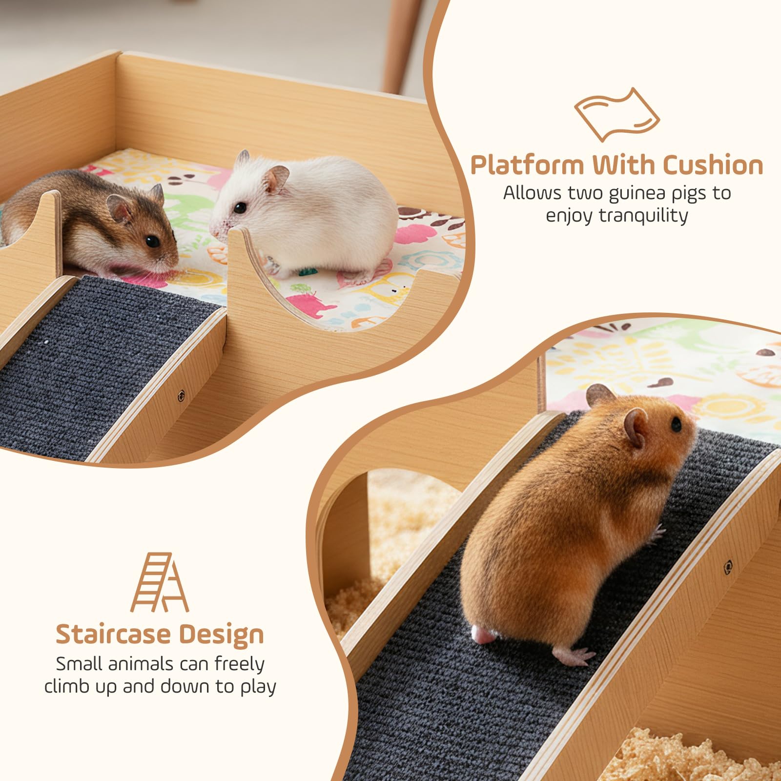 Meerschweinchen Haus aus Holz, 38 x 35 x 26 cm Meerschweinchen Versteck mit Treppe und Matten, Versteck für Kleine Haustiere Hamster Chinchillas Zwerg Degus Stachelmäuse Kaninchen