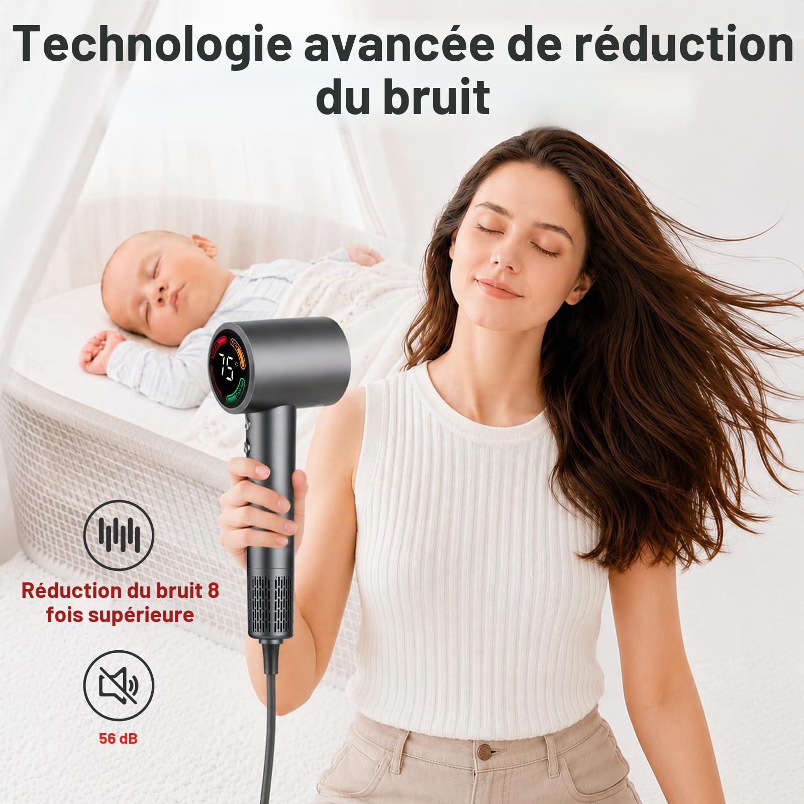 Sèche-cheveux professionnel 160 000 tr/min,sèche-cheveux ionique ultra-rapide par flux d'air haute vitesse,contrôle NTC intelligent,500M ions négatifs anti-frisottis,cheveux doux et brillants,56 dB