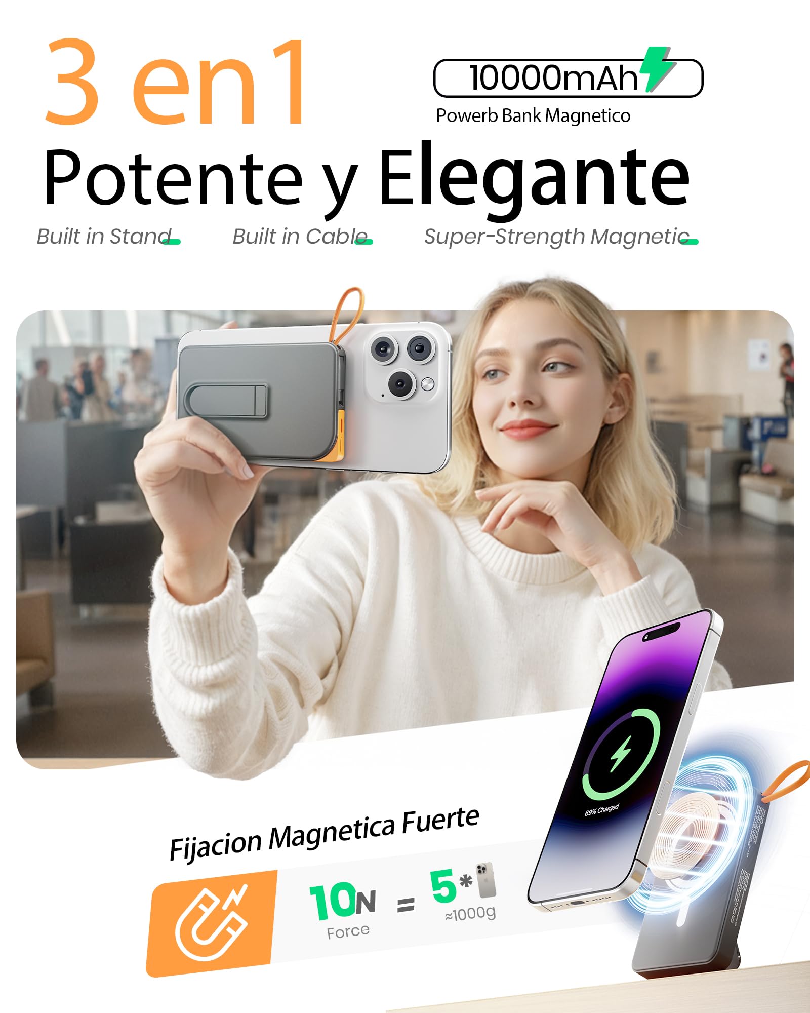 Power Bank para Magsafe, 10000mah Magnetico Bateria Portatil for iPhone con 22.5w USB-C Cable Soporte Plegable Powerbank para iPhone 17 16 15 14 13 12 Serie
