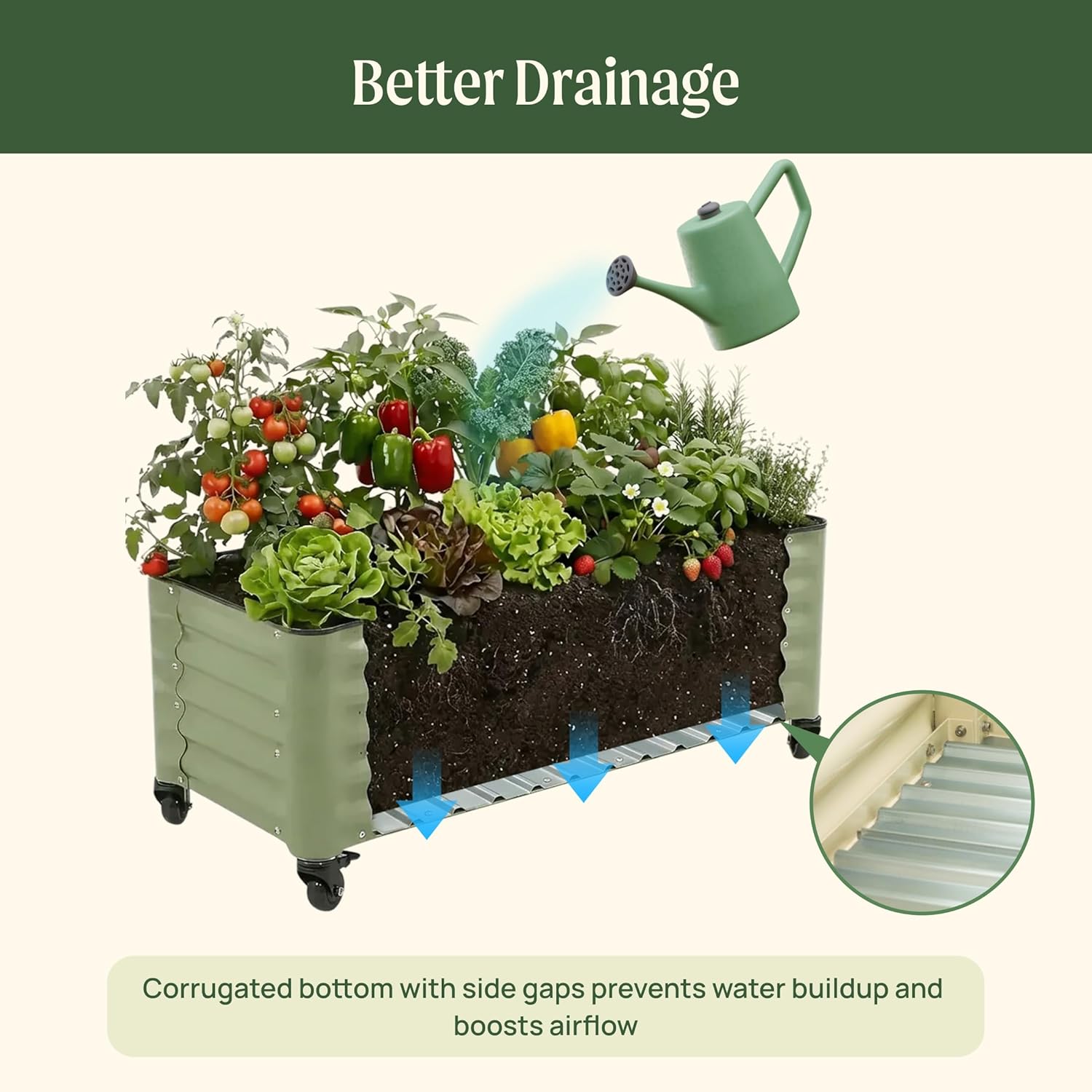 Vego garden Classic Rolling Garden Bed – 1.75' Mobile Metal Raised Garden Bed for Patio, Deck, Balcony – Deep Planting Space, Durable & Easy to Move (Pearl White, 1.75'X8')