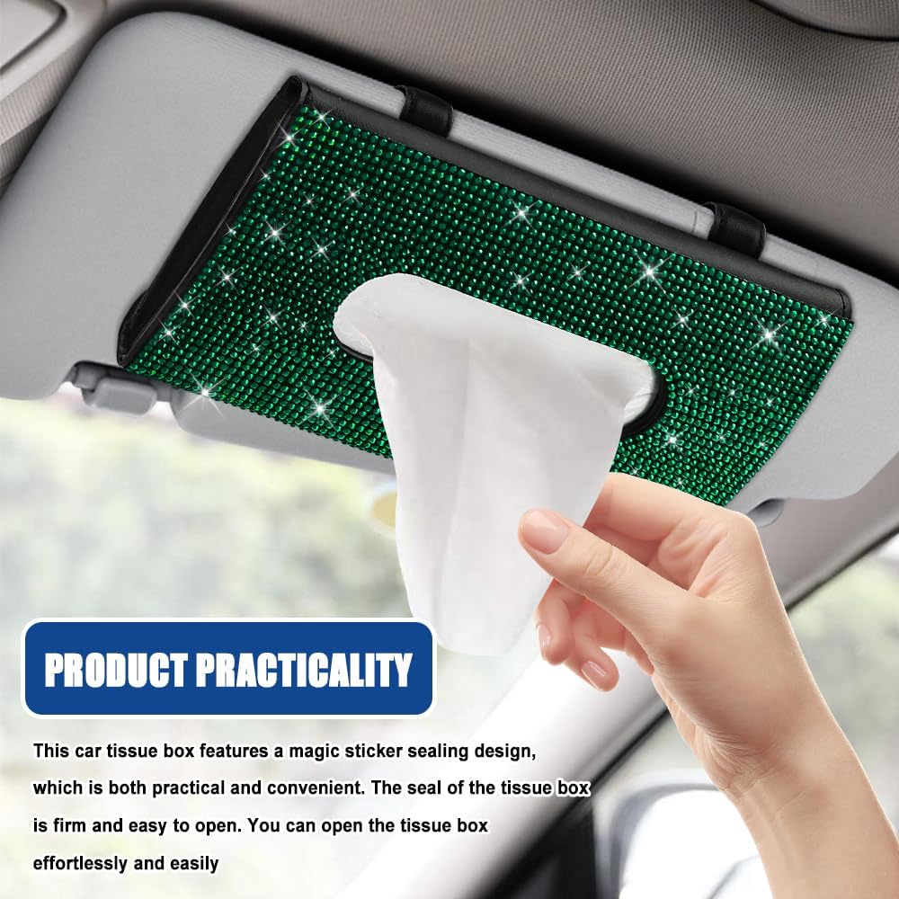 Bling Car Sun Visor Tissue Box Holder, Visor Accessories, Rhinestone PU Leather Crystal Sparkling Napkin Holder, Auto Sun Visor Paper Towel Cover Case Accessories for Most Cars (Green) image 4