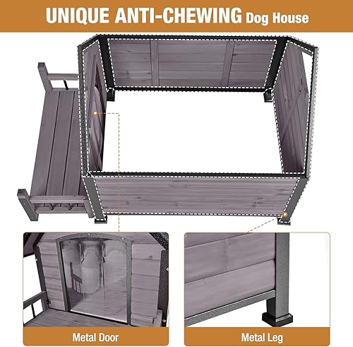 Miniatura 9 de Casa para perros con marco de hierro metálico antimordeduras, perrera de madera para exteriores, refugio para cachorros para perros pequeños,