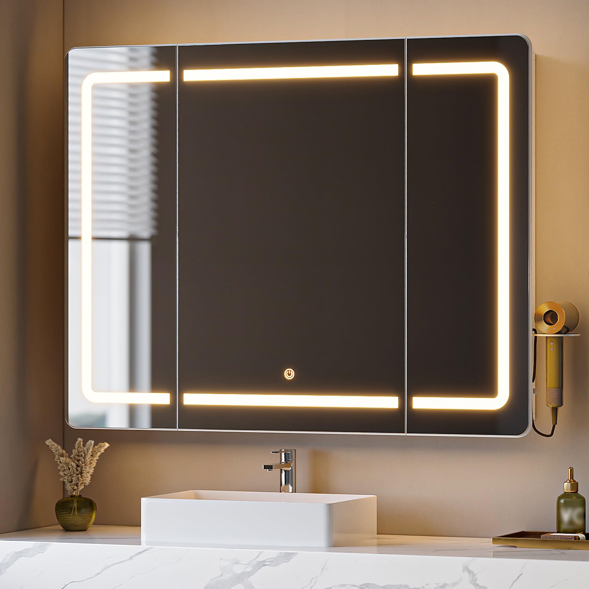Hzuaneri Spiegelschrank Bad mit LED-Beleuchtung, Badezimmer Spiegelschrank, 3 Farbtemperatur Dimmbare, Badezimmerschrank mit Spiegel und Verstellbare Regale, 16,5 x 100 x 75 cm Weiß MC30303XEU