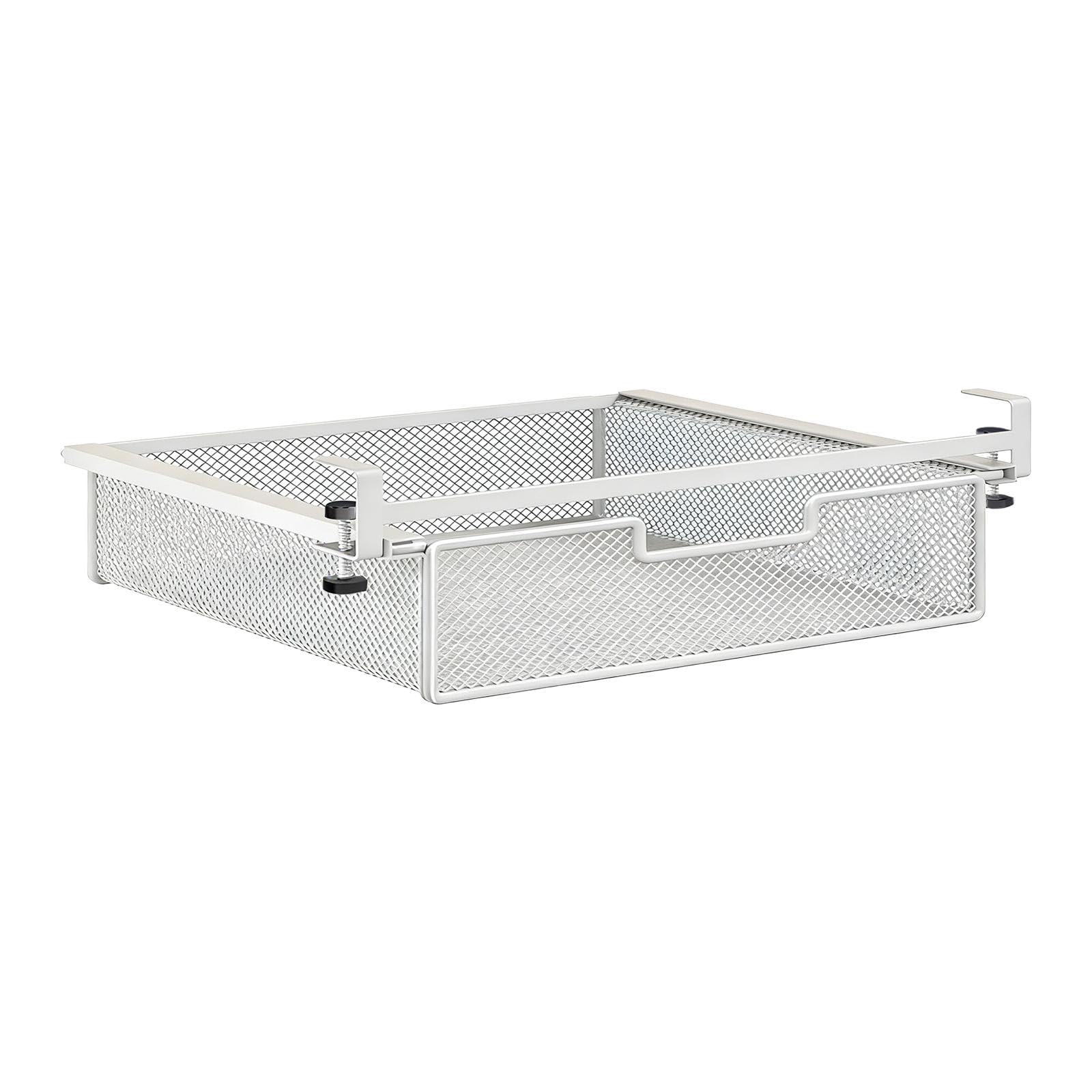 Under Desk Drawer Basket Clamp on Container Space-Saving Under Desk Storage Stationery Tray Container Easy Installation No-Drill Storage Shelf Invisible Organizer for Office Home, White L