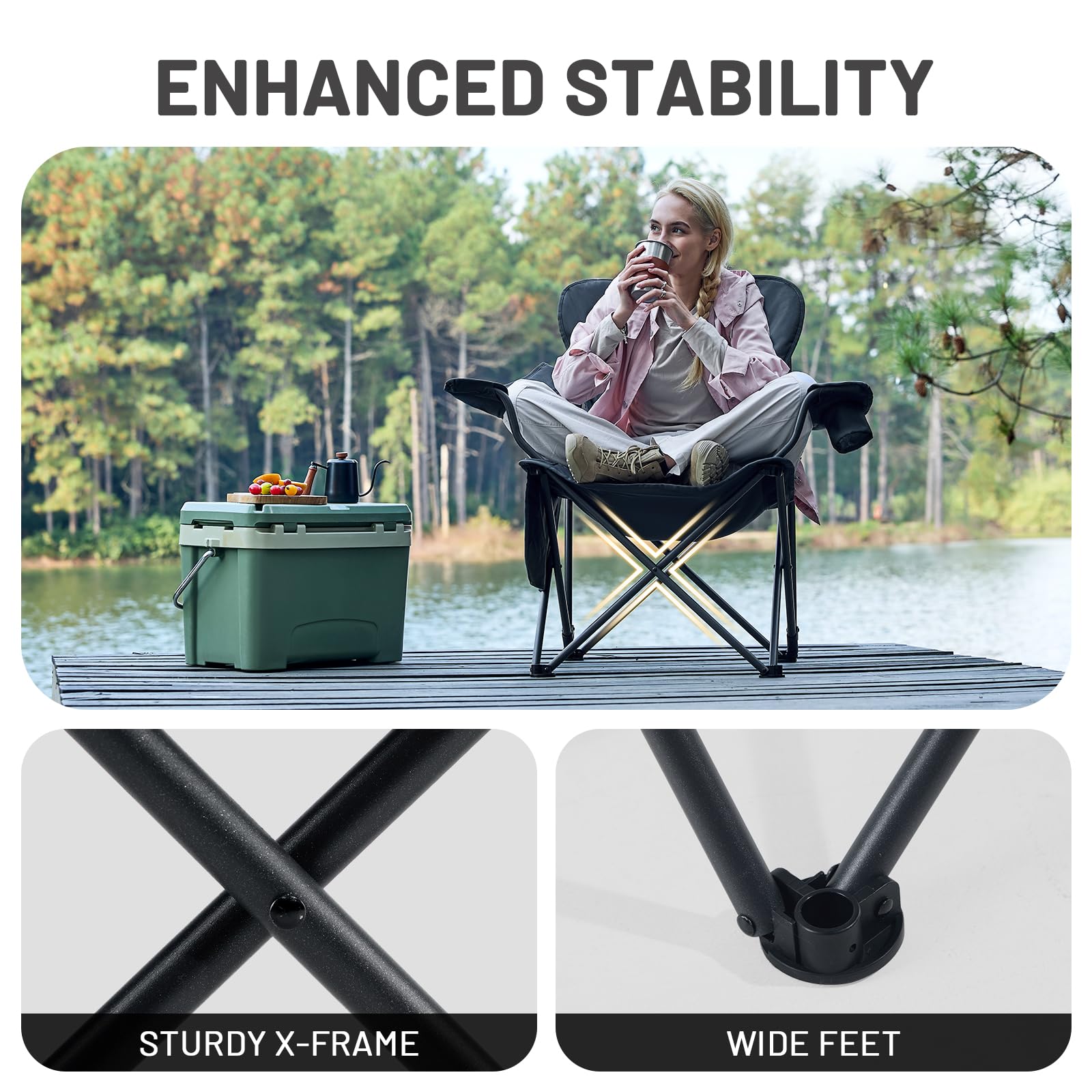 TIMBER RIDGE Silla de camping plegable de 2 unidades, 180 kg, ajustable en 3 posiciones, acolchada, ancho del asiento 62 cm, con respaldo alto, con soporte para bebidas, sillón, camping, jardín