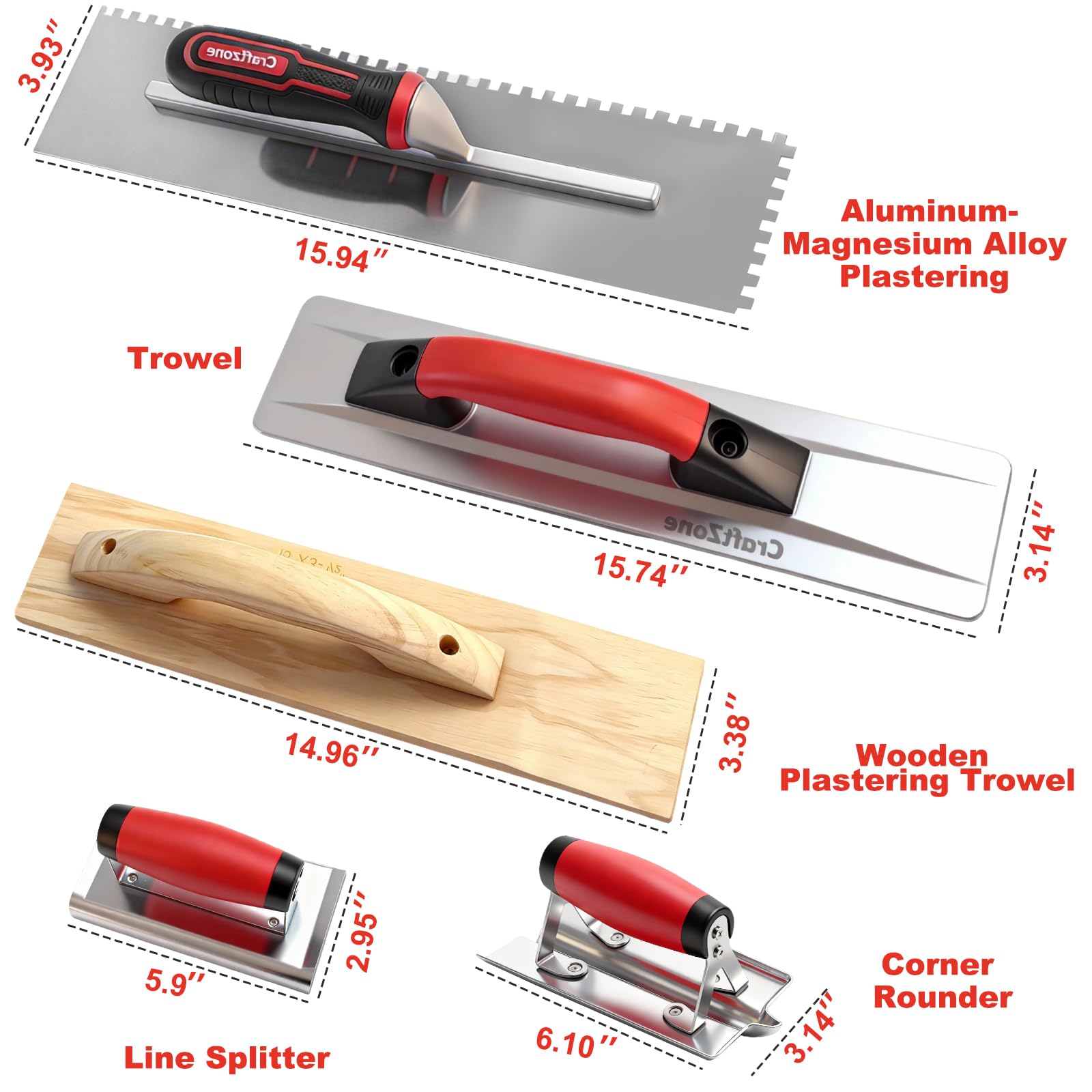 9Pcs Masonry Plastering Hand Tool Set, Alloy & Wooden Plastering Trowels, Bricklaying Knife, Line Splitter, Corner Rounder, Wire Twister & 16" Tool Bag — Amazon image 2