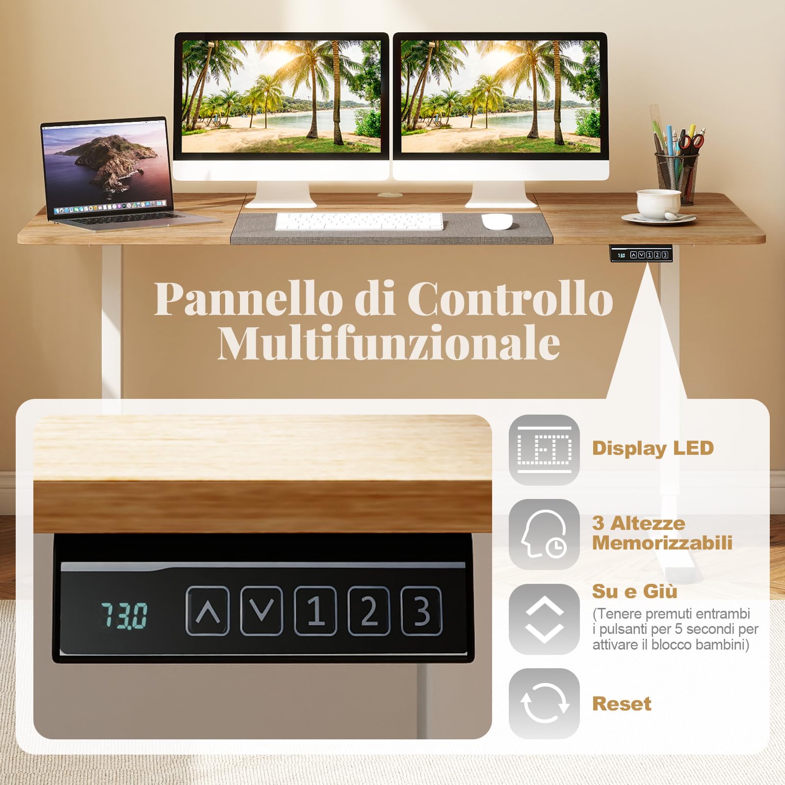 COSTWAY Scrivania Elettrica Regolabile in Altezza 140 x 70 cm, Scrivania per Computer con Memoria delle Altezze, Foro per Cavi, Design Anti-Collisione, Ideale per Ufficio e Casa (Legno Chiaro)