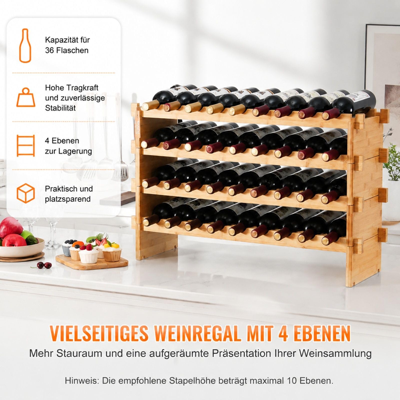 Weinregal aus Bambus für 36 Flaschen, stapelbares Flaschenregal mit 4 Ebenen für Küche, Keller oder Esszimmer