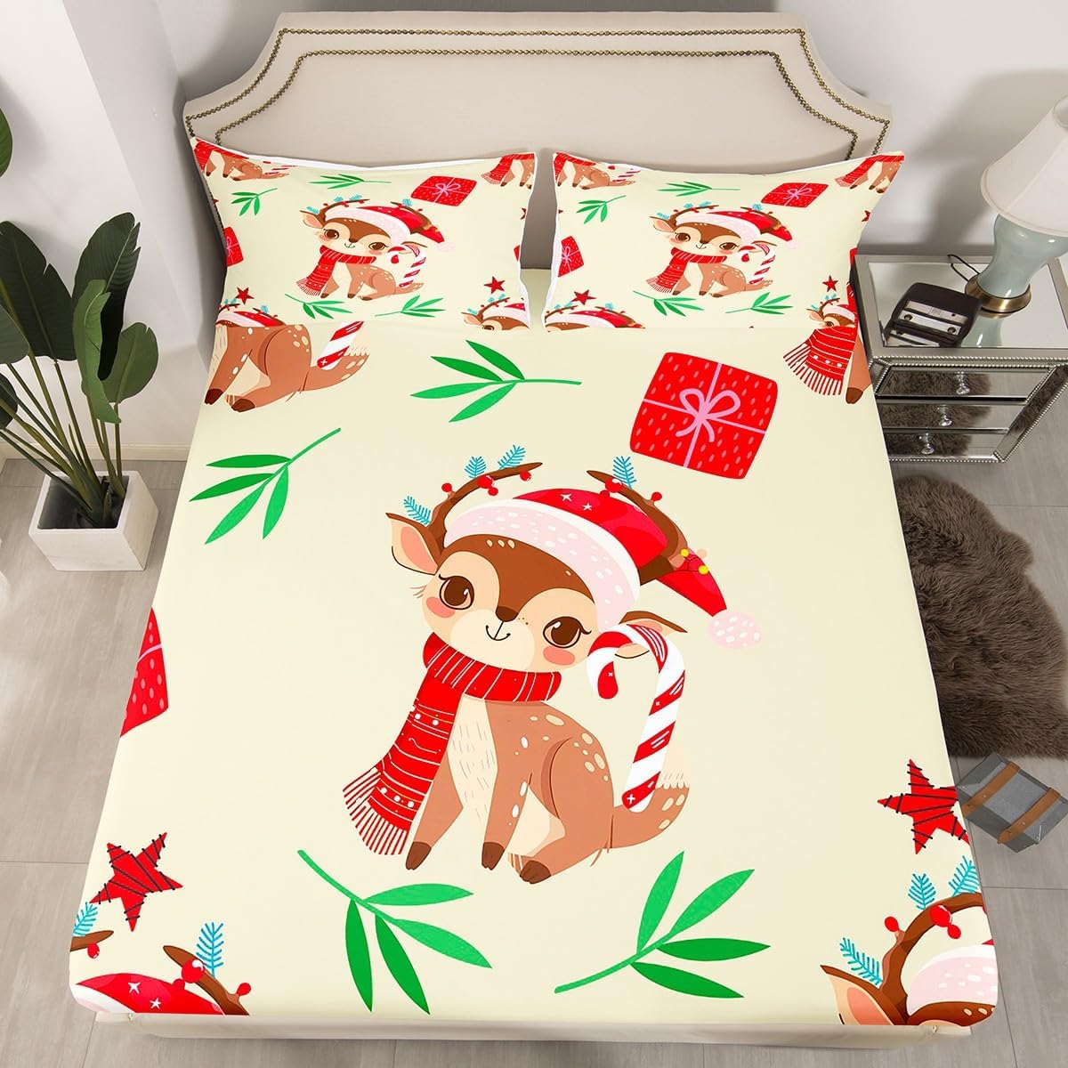 Erosebridal Green Christmas Tree Fitted Sheet Pink Bowknot Sheets,Christmas Tree Ornaments Bed Sheets Full,Xmas Bed Set Pink Christmas Decorations Indoor