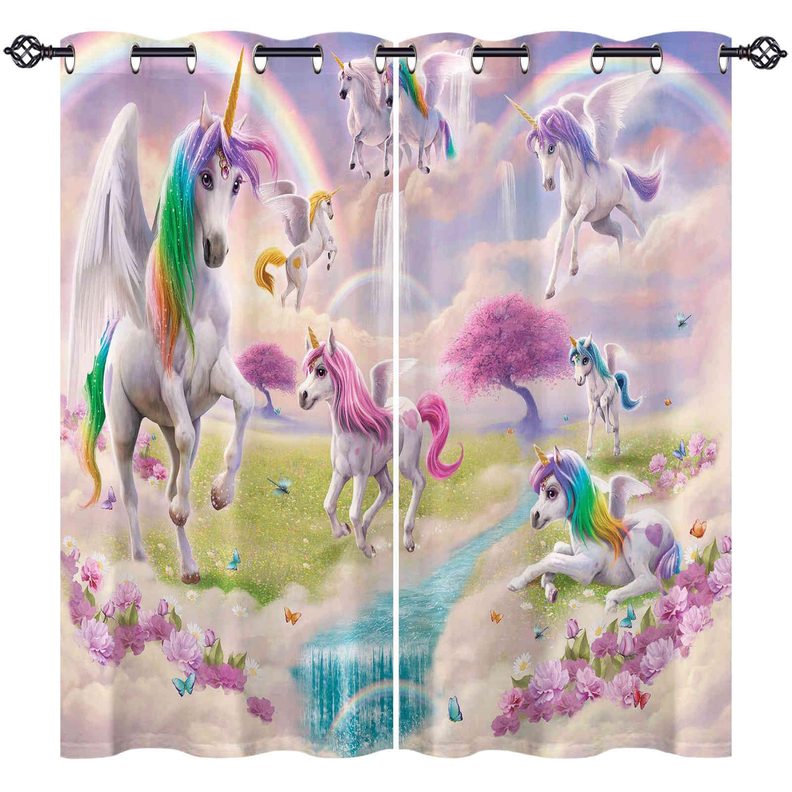ANHOPE Rideau Occultant Rainbow Licorne Fleur Tenture Opaque à Oeillets Draperies Intérieurs Lot de 2 Rideau Thermique Isolant pour Maison Chambre Salon Fenetre L 140 x H 240 cm