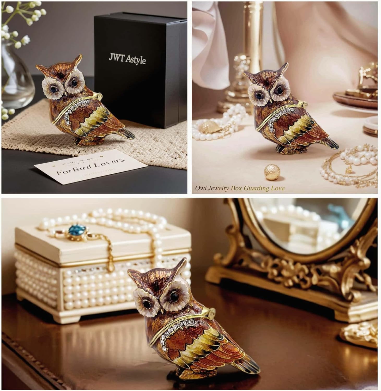 Luxury Owl Brid Hinged Trinket Box with Crystals Collectible Animal Jewelry Box for Rings Earrings,Owl Figurine Home Decor Gifts for Women
