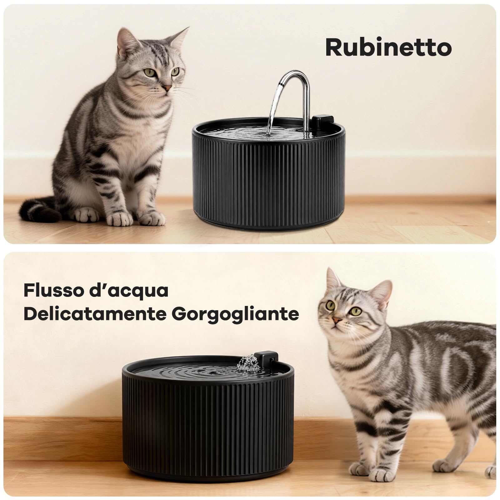 Fontana per gatti in ceramica, 2,2 l, silenziosa, dispenser automatico di acqua per animali domestici, con sistema di filtraggio, nero