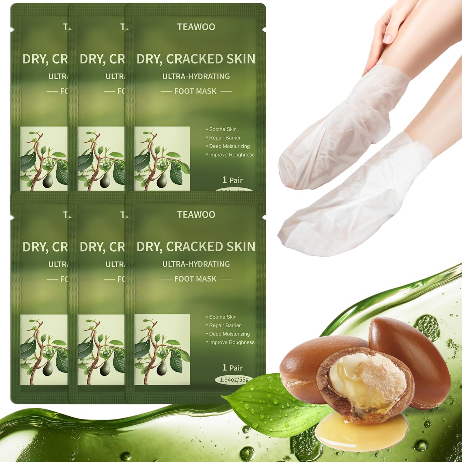 TEAWOO 6 Pairs Moisturizing Foot Masks with Shea Butter, Jojoba Oil, Vitamin E & Urea, 6 Pairs Intensely Hydrating Foot Mask For Dry Cracked Feet,