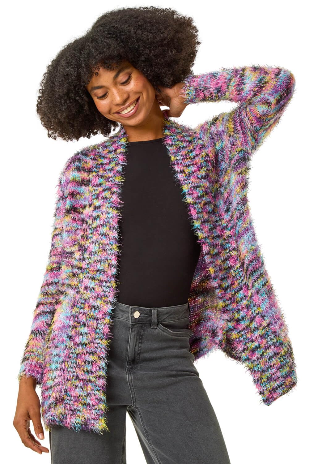Roman Women's Purple Fluffy Longline Cosy Cardigan Sweater In | : Size 10