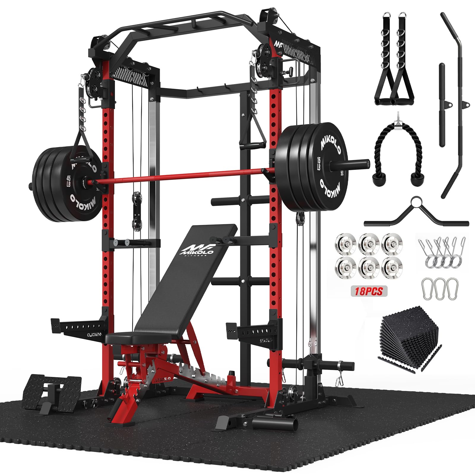 Mikolo HR06 Power Cage with Aluminum Pulleys, 2000LB Power Rack with Independent Dual Pulley System, Multi-Function Home Gym Workout Machine for Cable Crossover
