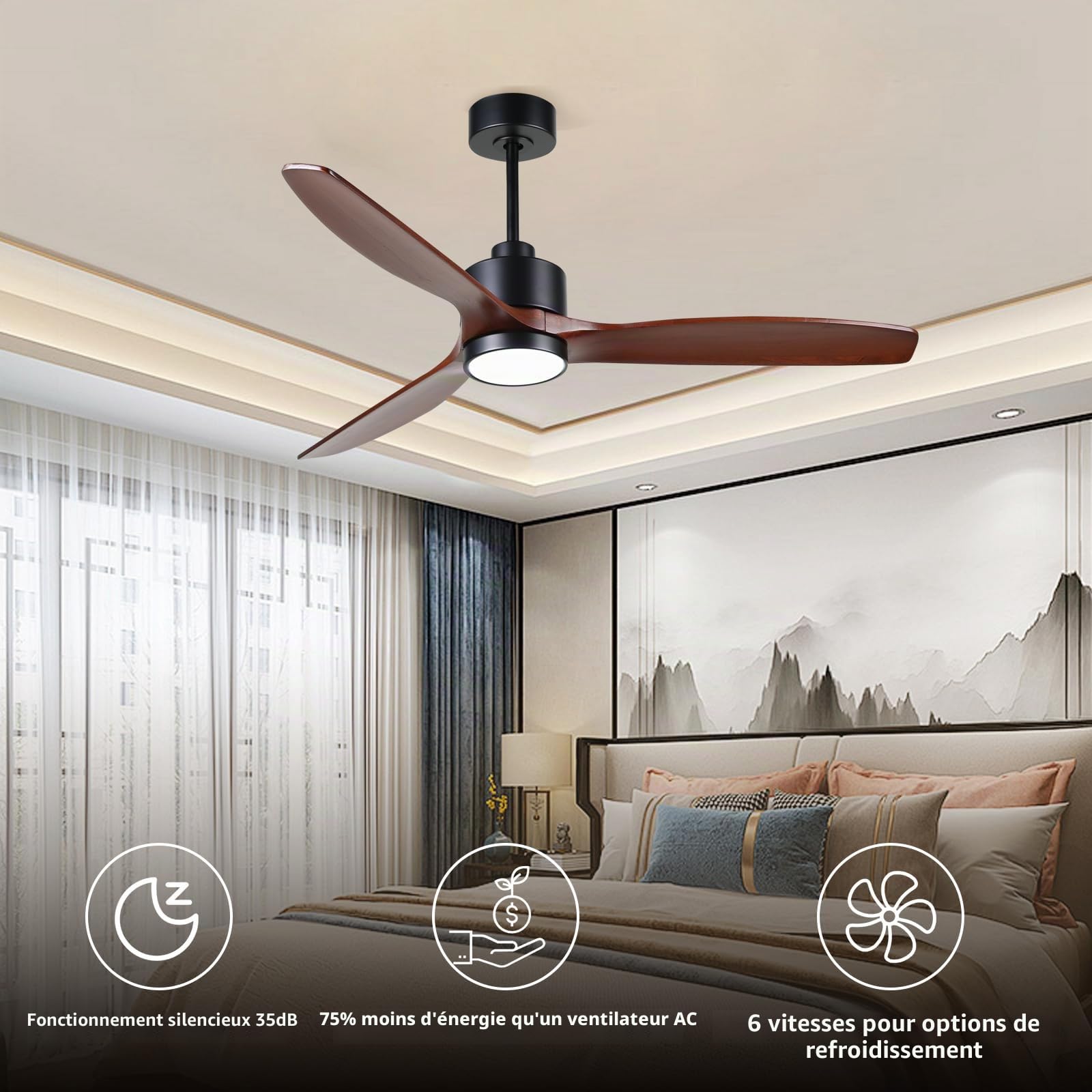OFANTOP 132CM Ventilateur de plafond en bois avec éclairage et télécommande